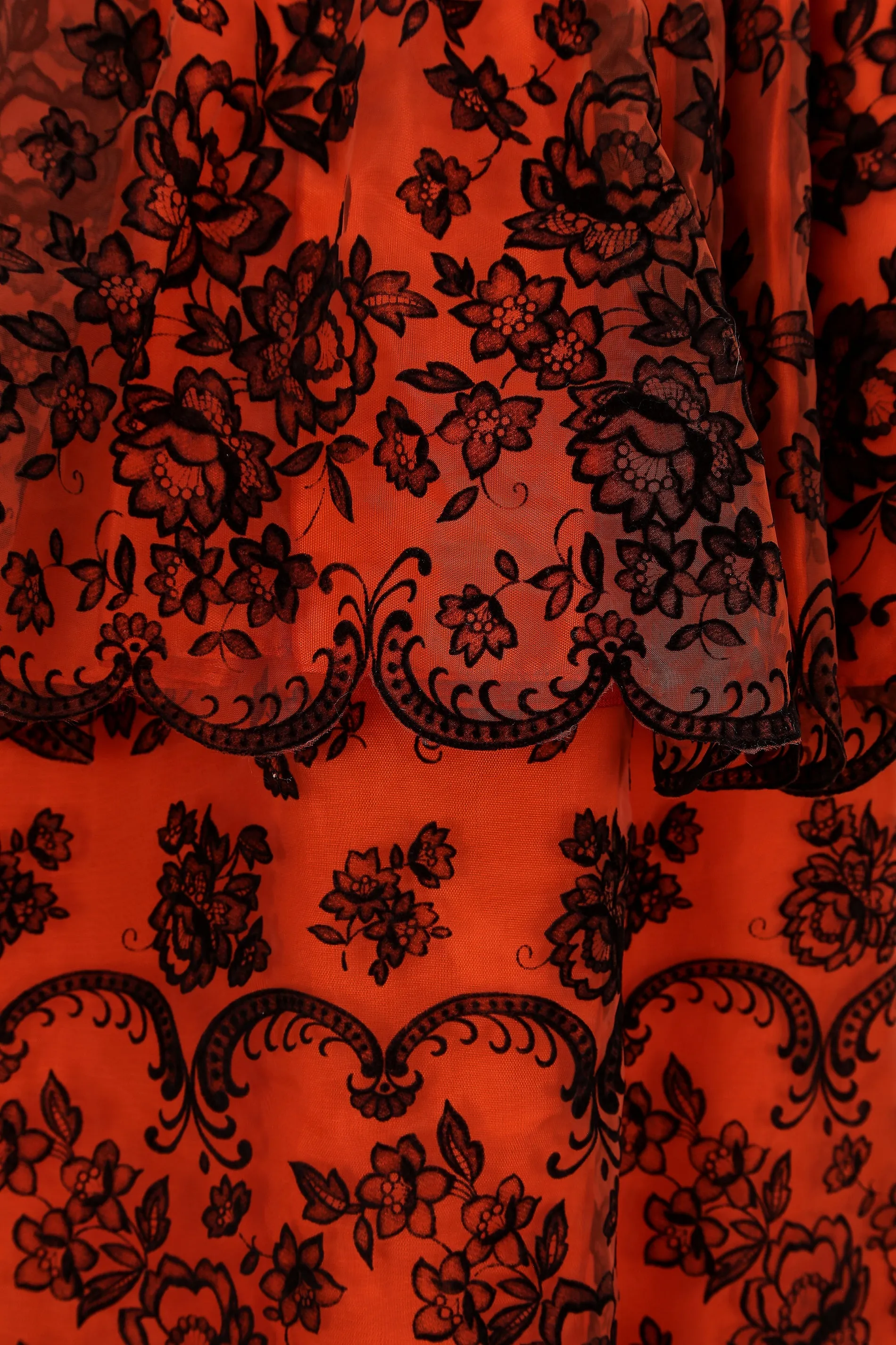 1960s Diana Floral Black and Orange Flock Print Dress