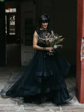 A Line Black Tulle Prom Dress Sleeveless Evening Dress FR009