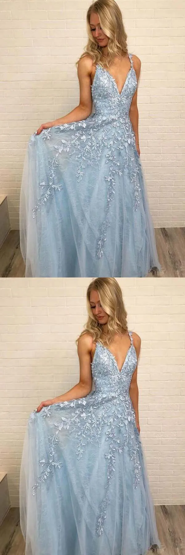 A Line Spaghetti Straps Light Blue Prom Dresses V Neck Lace Appliques Evening Dress,BS019