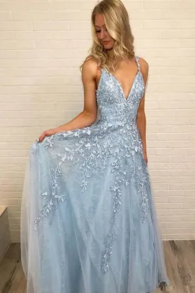 A Line Spaghetti Straps Light Blue Prom Dresses V Neck Lace Appliques Evening Dress,BS019