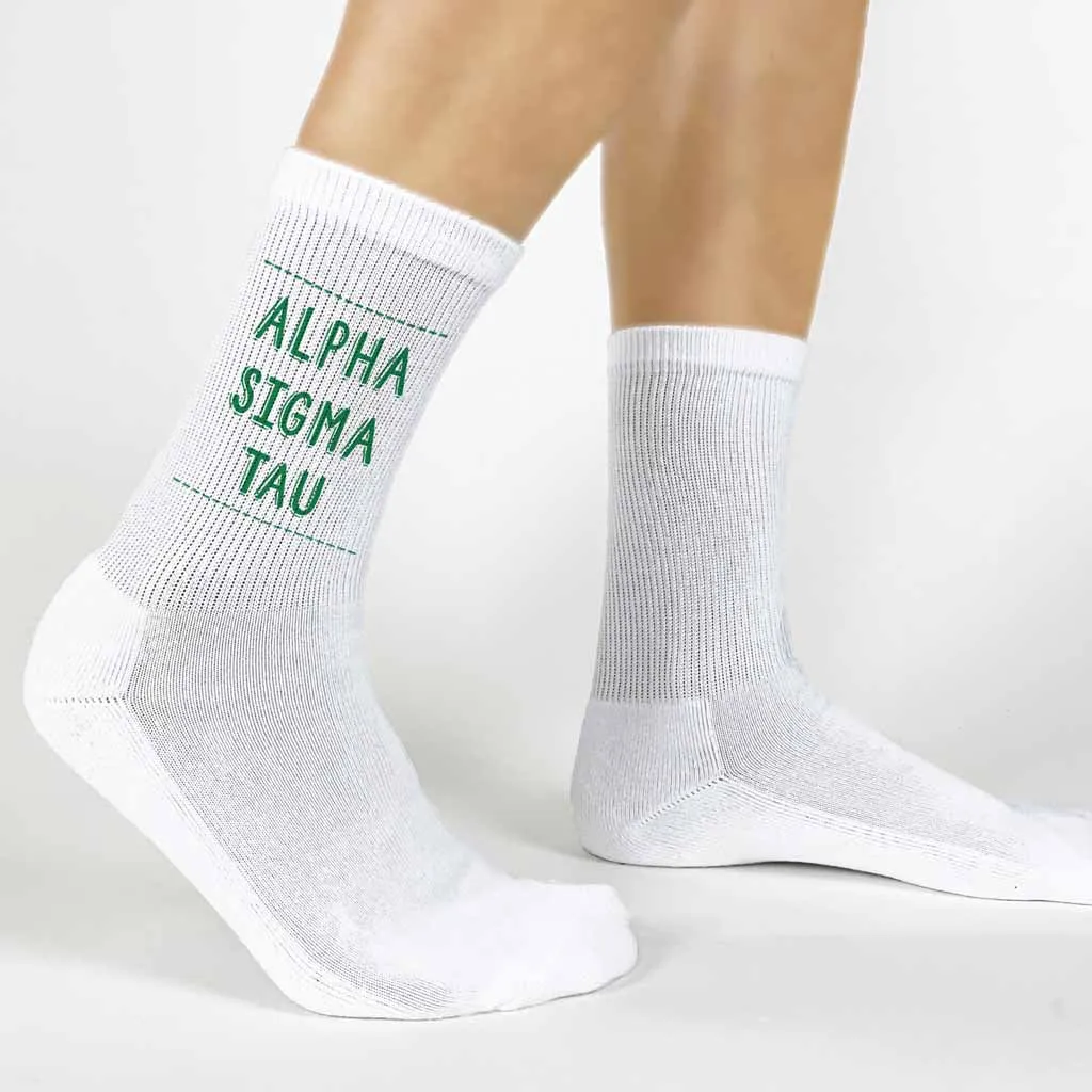 Alpha Sigma Tau Crew Socks with Alpha Sigma Tau Name in Sorority Colors