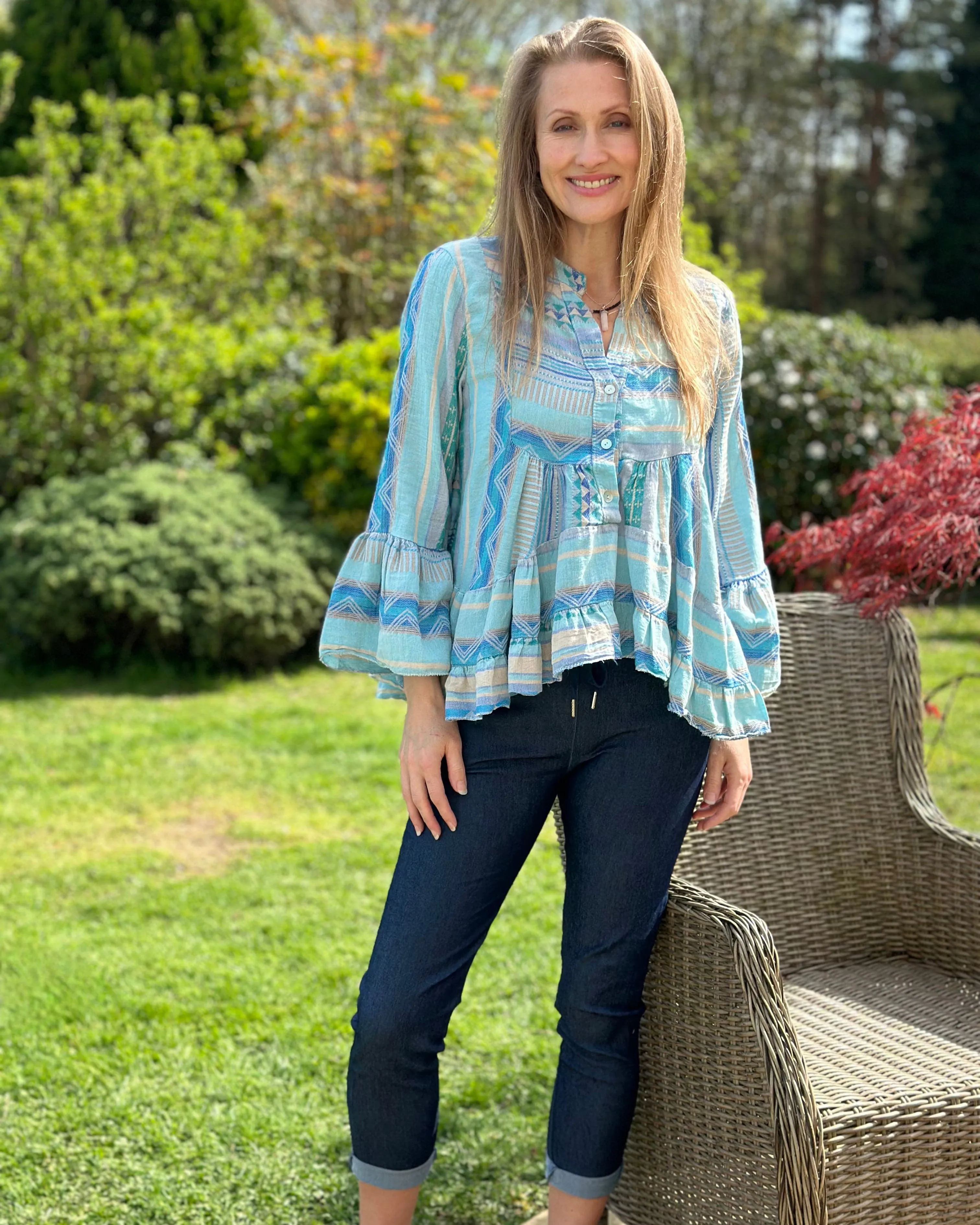 Aztec Print Tunic Top - Blues And Sand