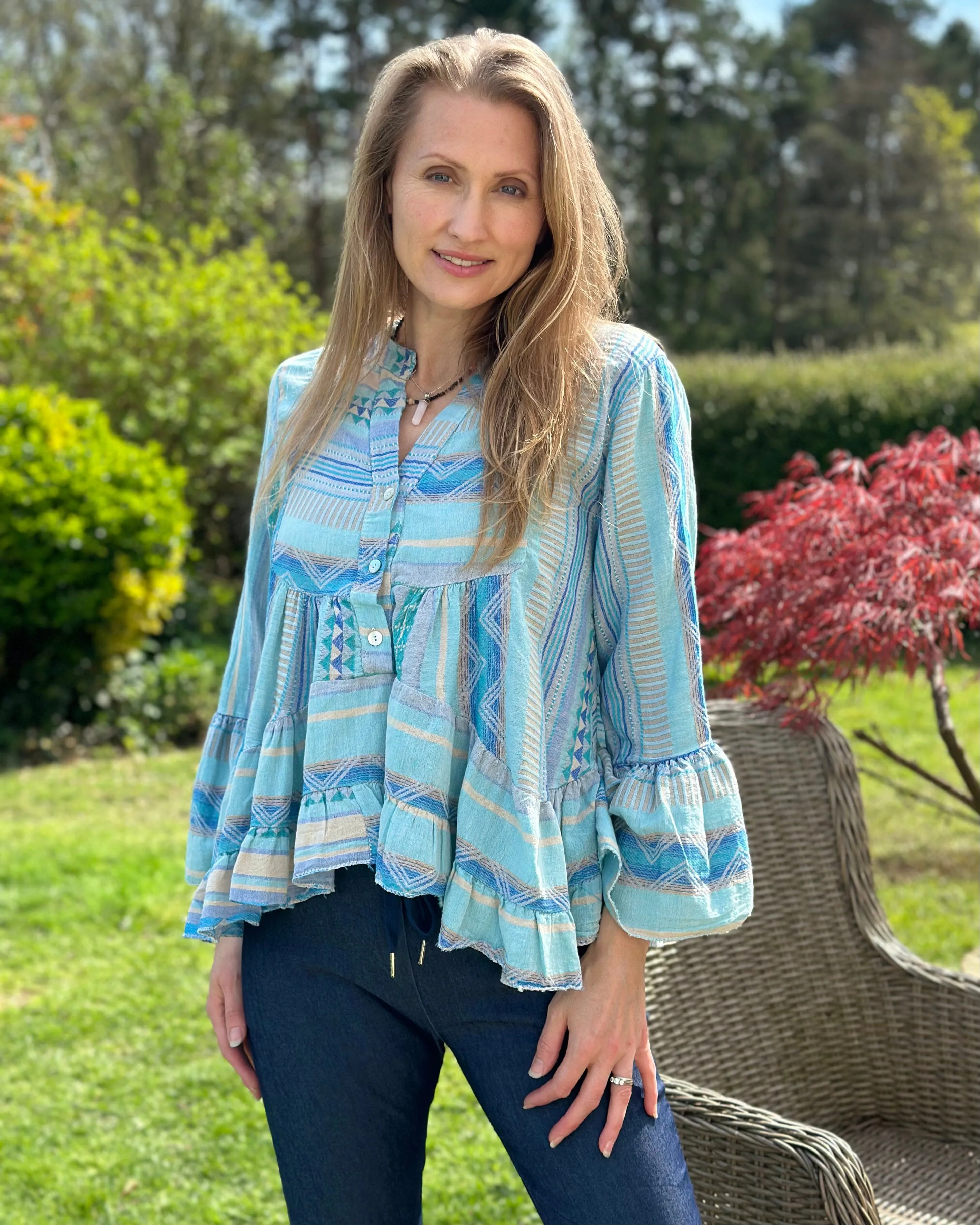 Aztec Print Tunic Top - Blues And Sand