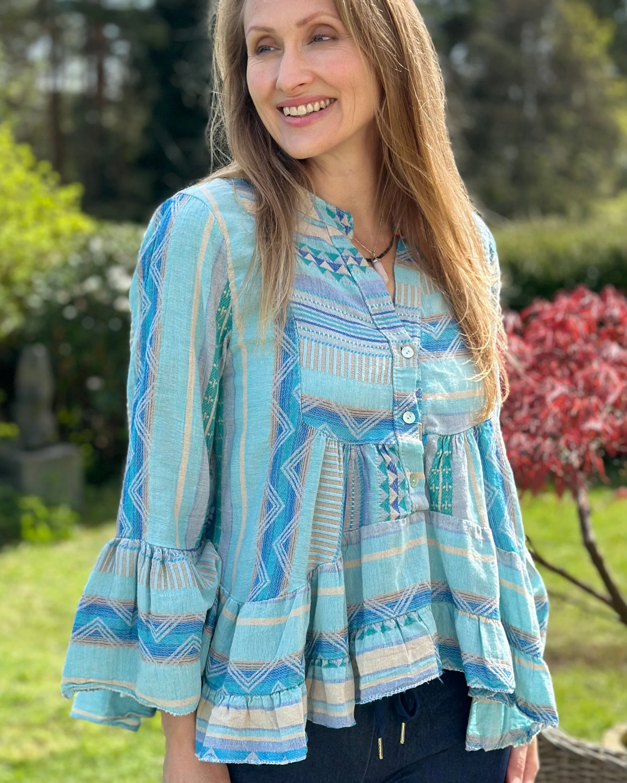 Aztec Print Tunic Top - Blues And Sand