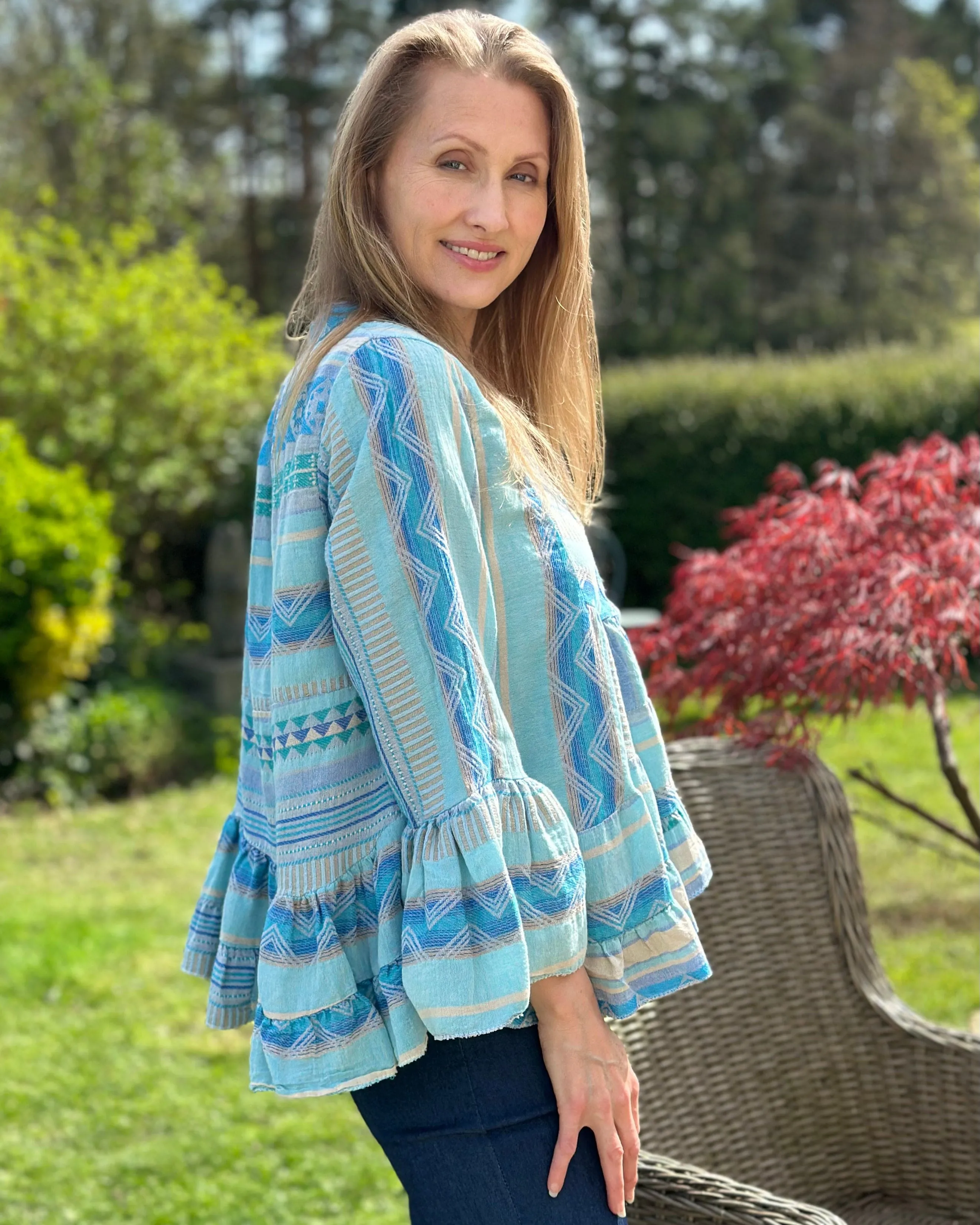 Aztec Print Tunic Top - Blues And Sand