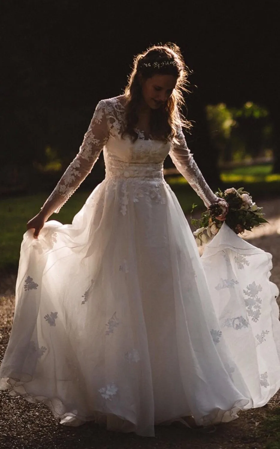 Bateau A-Line Tulle Elegant Wedding Dress With Long Illusion Sleeve Appliques-716599