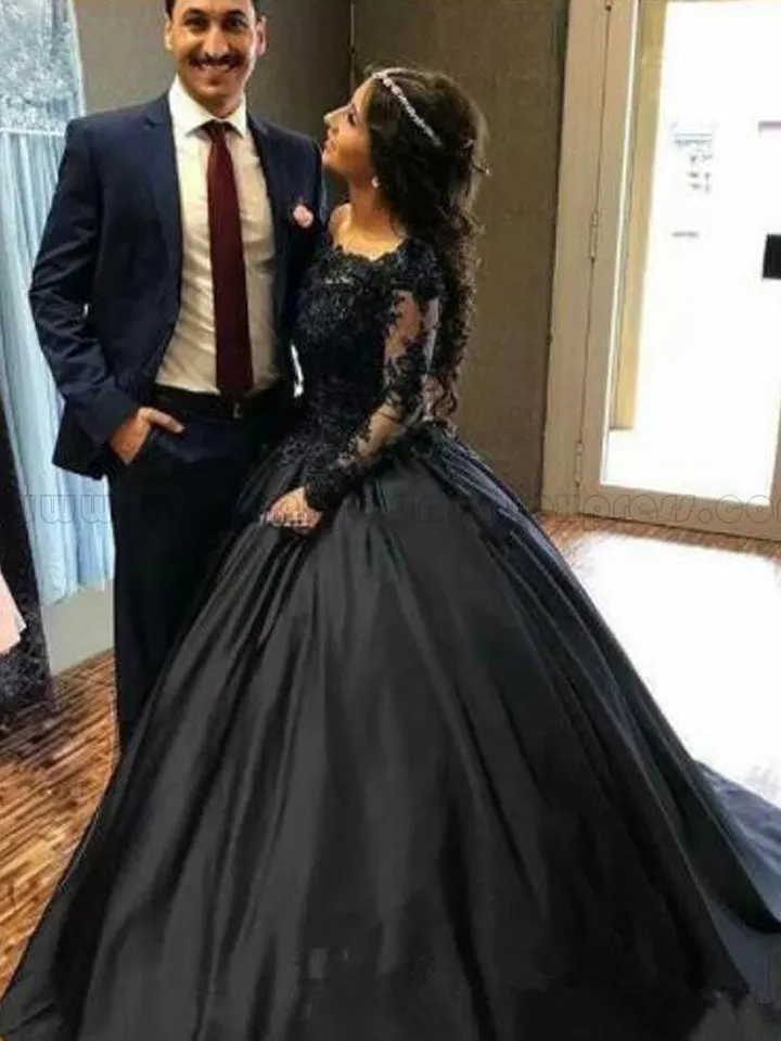 Black Ball Gown Prom Dress Plus Size Long Sleeve Satin Evenng Dress ER2045