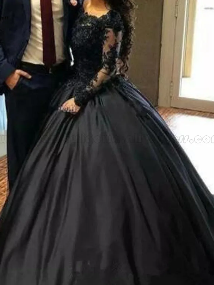 Black Ball Gown Prom Dress Plus Size Long Sleeve Satin Evenng Dress ER2045