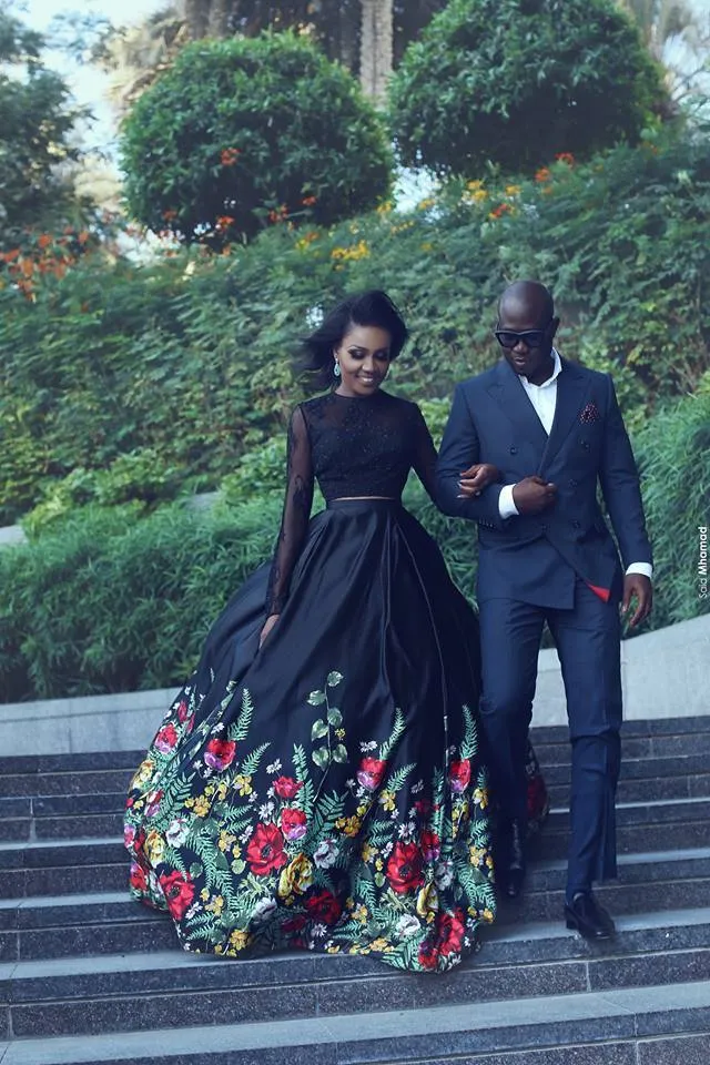 black two pieces long sleeves open back embroidery long prom dresses, PD12145