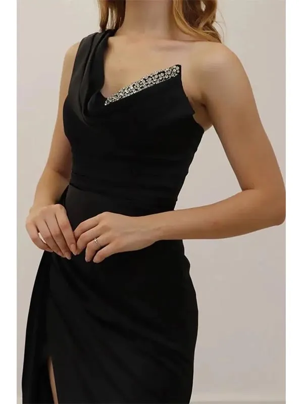 Black V-neck A-line Beaded Side Slit Long Prom Dress, OL667