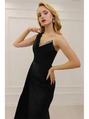 Black V-neck A-line Beaded Side Slit Long Prom Dress, OL667