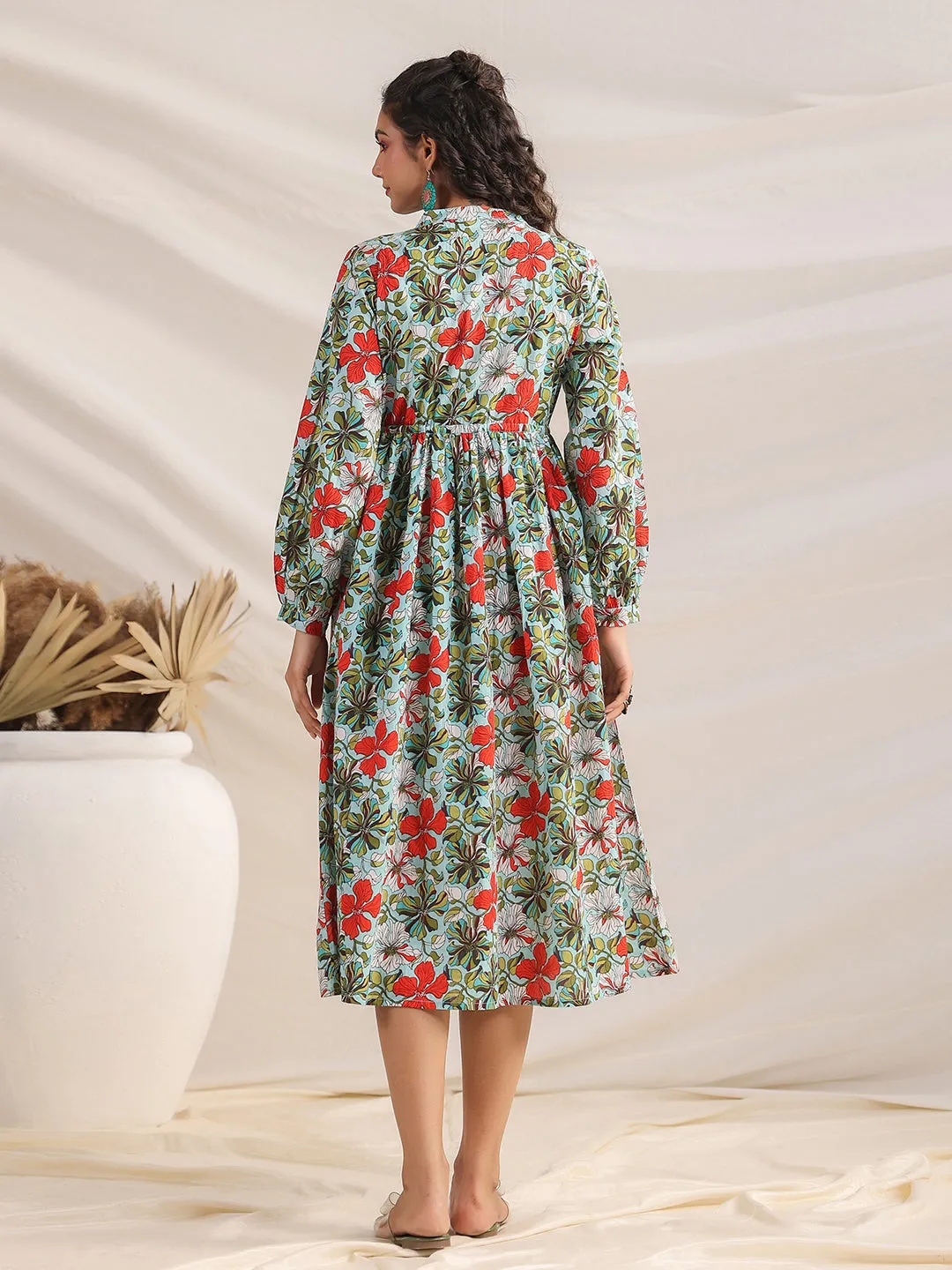 Blue Cotton Floral Gathered Dress