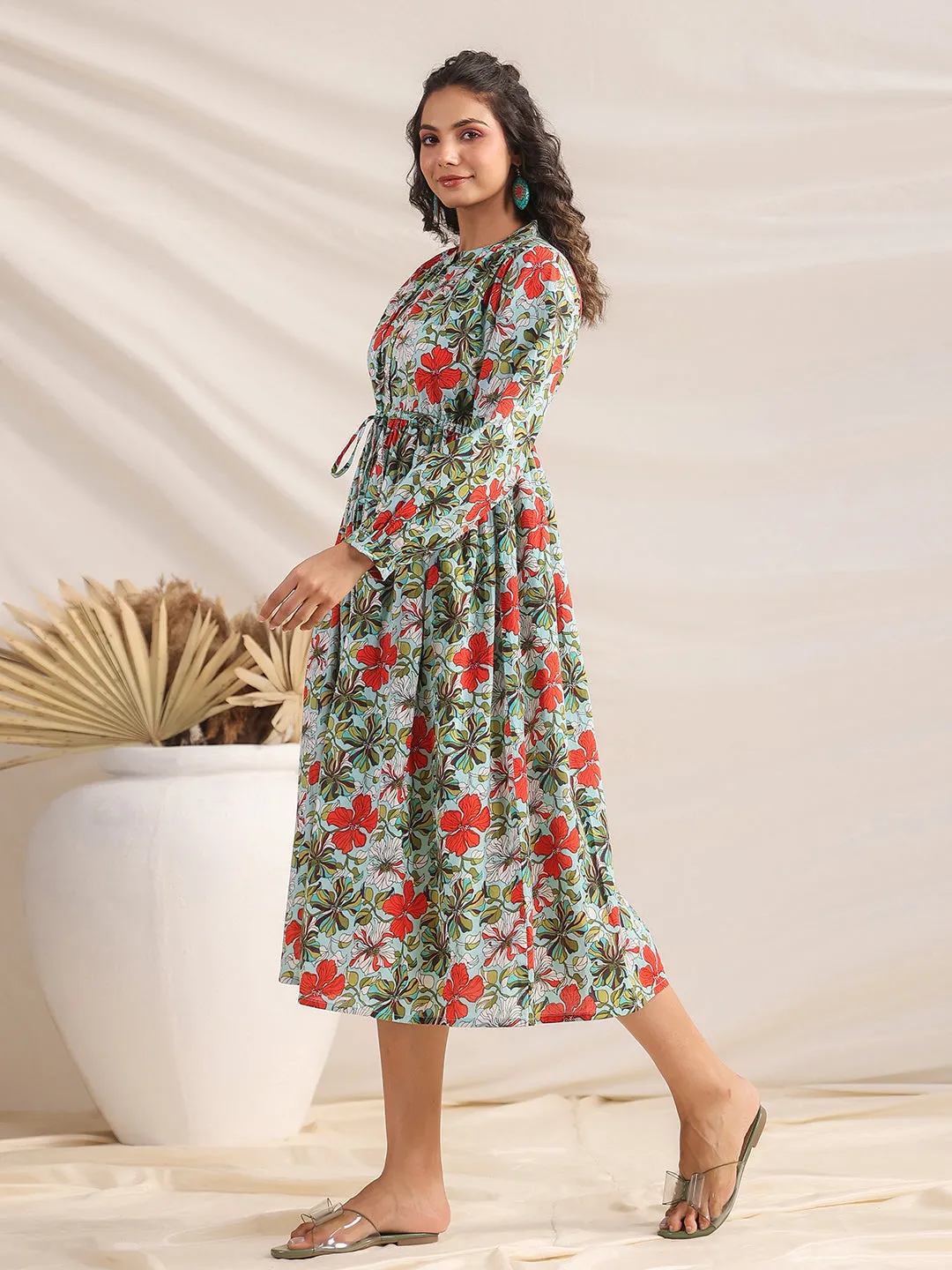 Blue Cotton Floral Gathered Dress