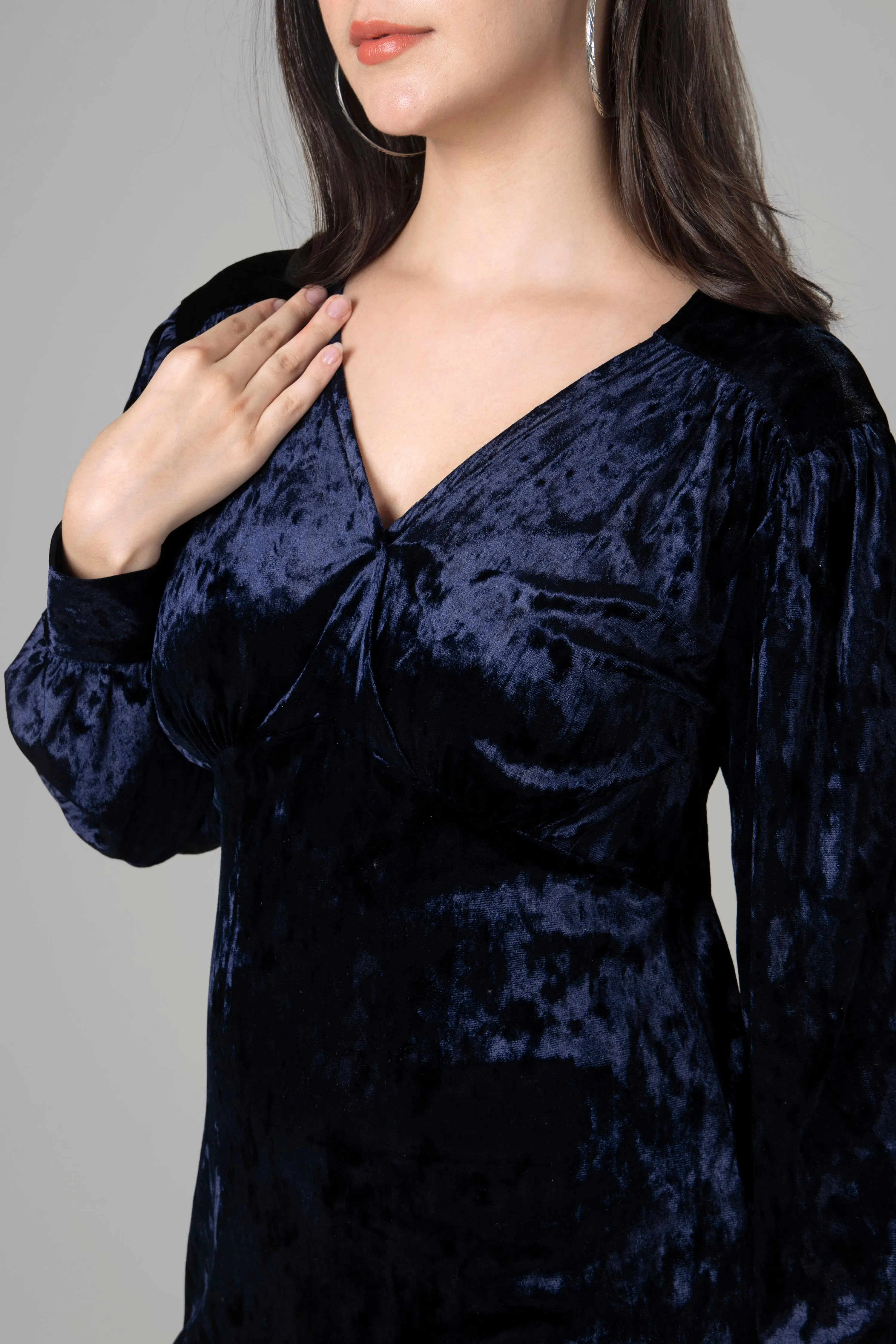 Blue Velvet Long Sleeve Sheath Dress For Women