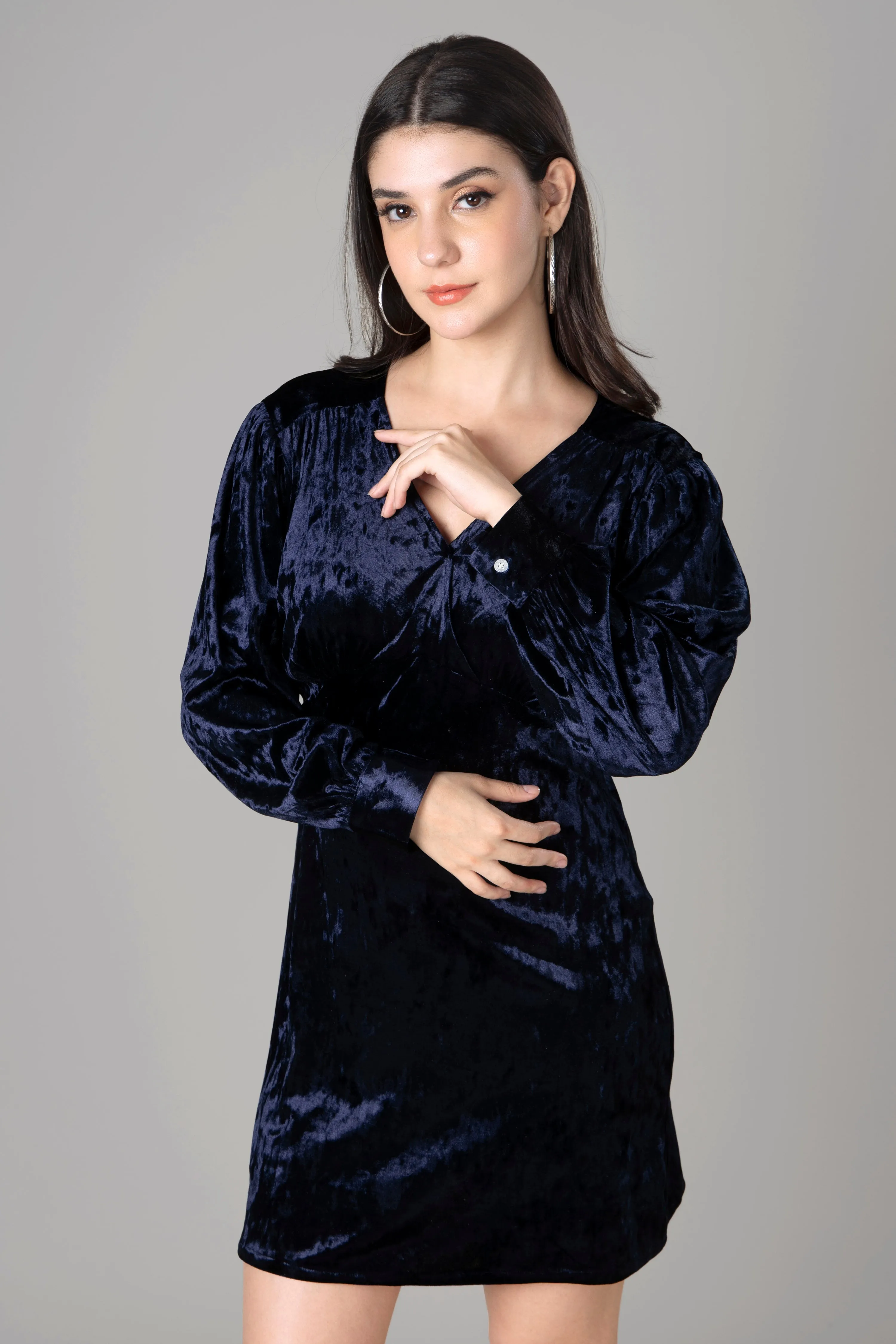 Blue Velvet Long Sleeve Sheath Dress For Women