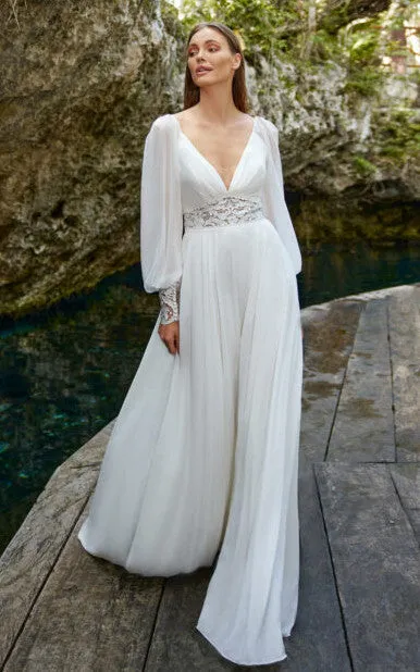 Bohemian A-Line Chiffon Wedding Dress With Poet Long Sleeves And Deep-V Back-716446