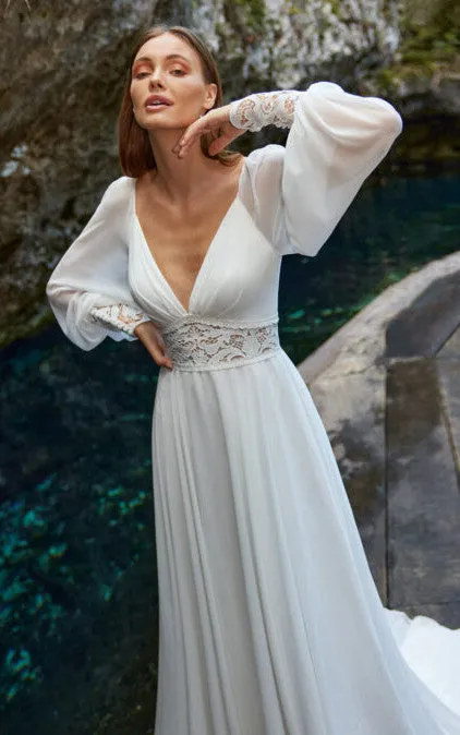 Bohemian A-Line Chiffon Wedding Dress With Poet Long Sleeves And Deep-V Back-716446