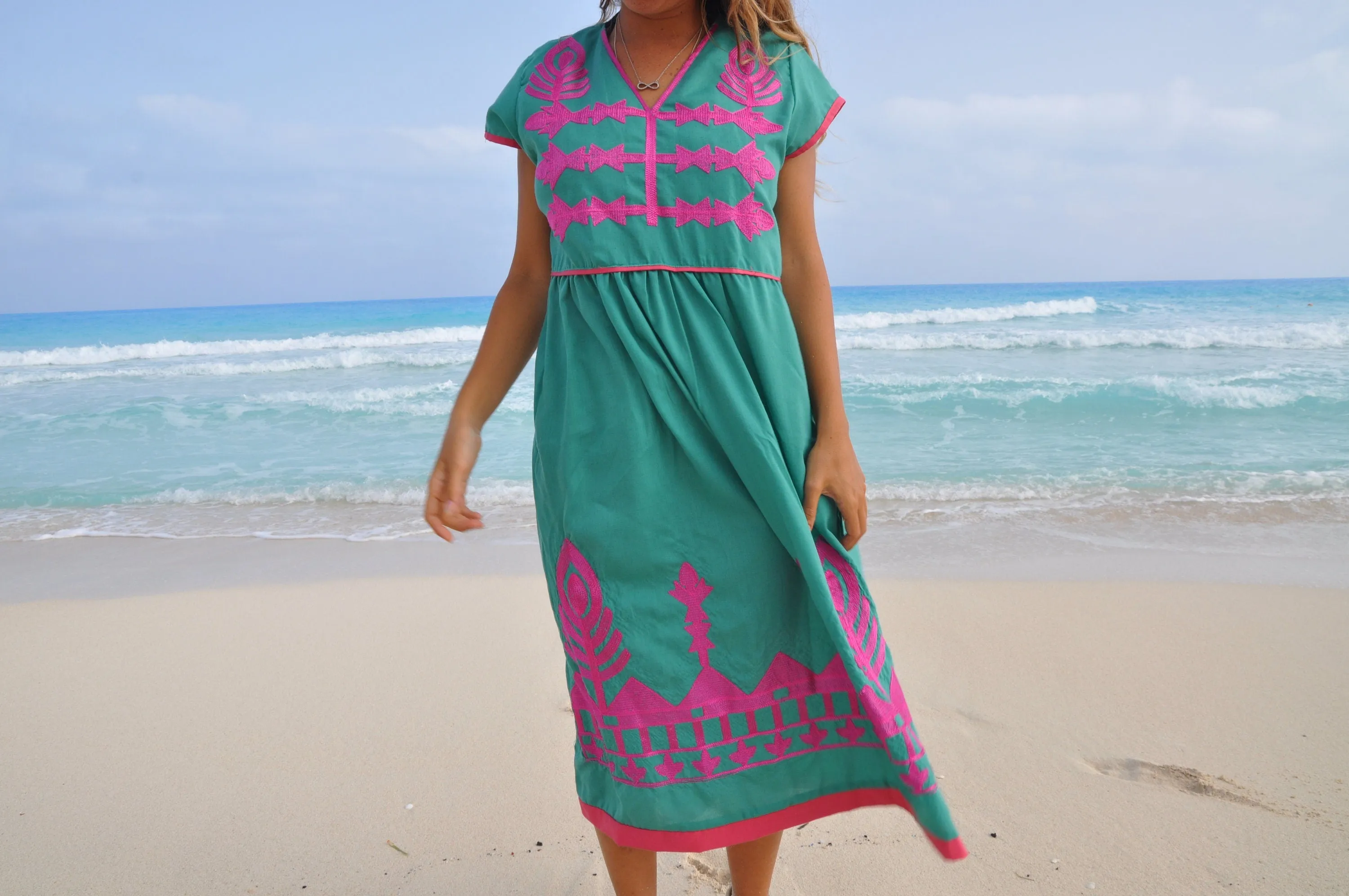 Boho Huipil dress, Bohemian embroidered tunic dress, Green summer dress, women tunic dress, Summer vacation dress, resort wear women dress