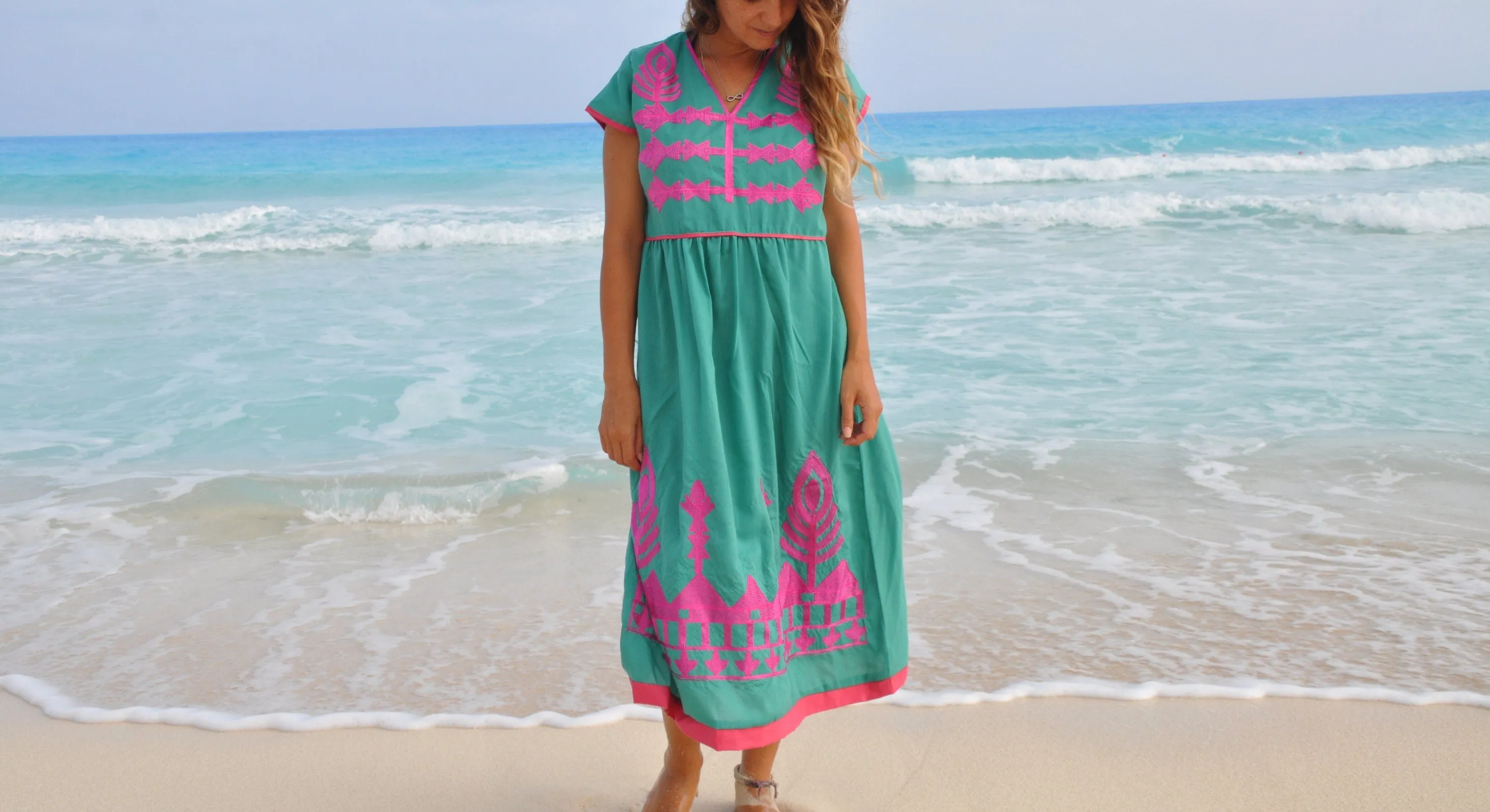 Boho Huipil dress, Bohemian embroidered tunic dress, Green summer dress, women tunic dress, Summer vacation dress, resort wear women dress