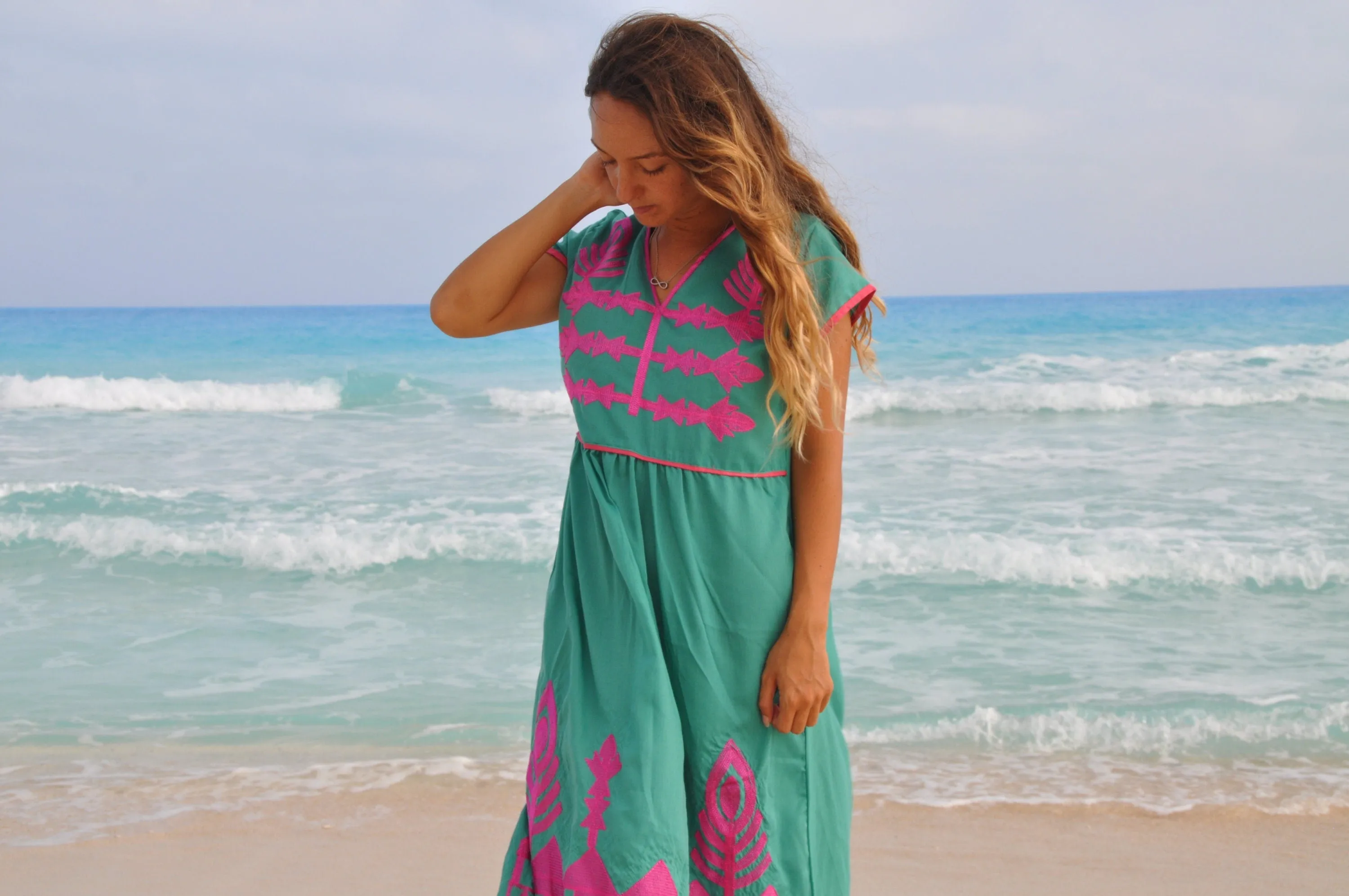 Boho Huipil dress, Bohemian embroidered tunic dress, Green summer dress, women tunic dress, Summer vacation dress, resort wear women dress