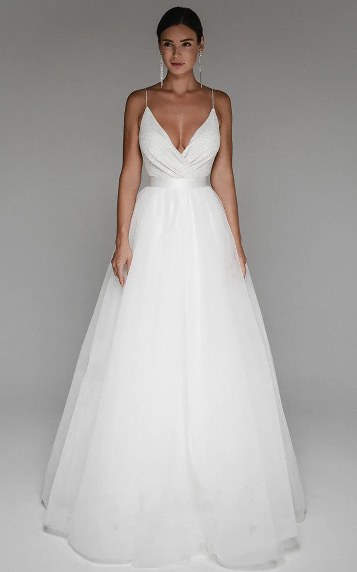 Casual A Line Spaghetti V-neck Tulle Wedding Dress with Sash-716387