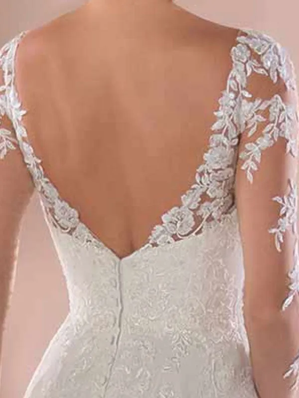 Chiffon V-neck A-line Long Sleeves Lace Applique Wedding Dress, WD0436