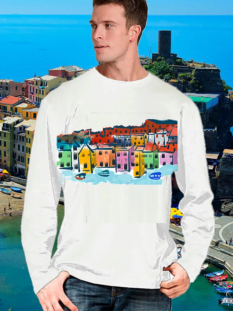 Cinque Terre-Italy Ashore Travel Shirts-  Series No. 233001 Artist Handpaint Long Sleeve Shirt EU Size 100% Cotton  High Quality Gifts Tops