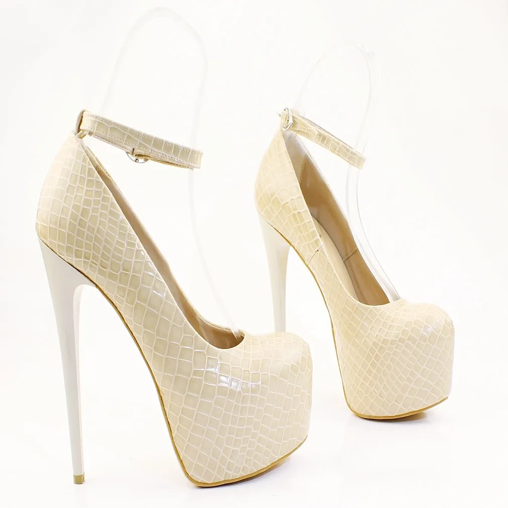 Cream Croco Patent Leather Platform Shoes