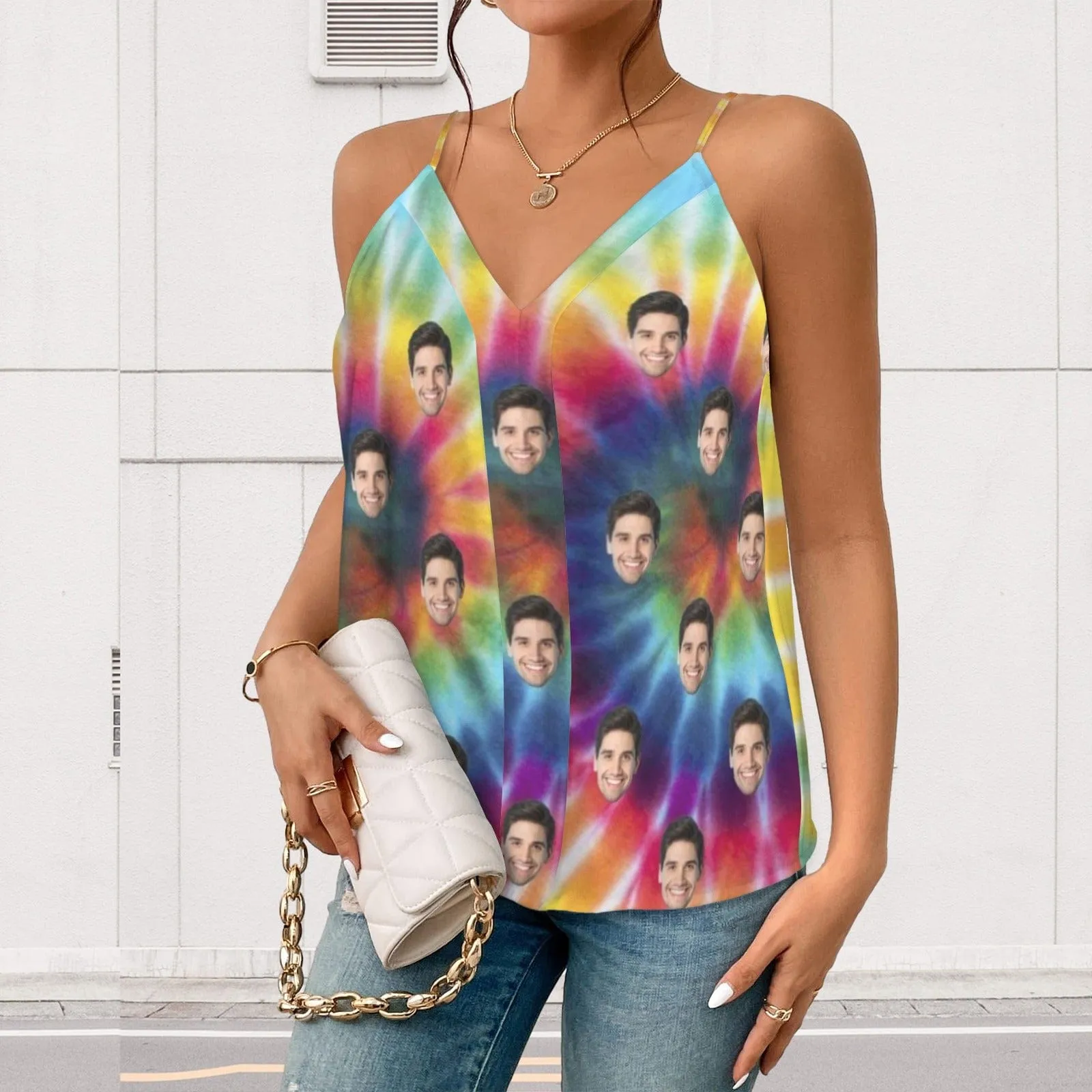 Custom Face Tie Dye Women's V-Neck Cami Tank Tops