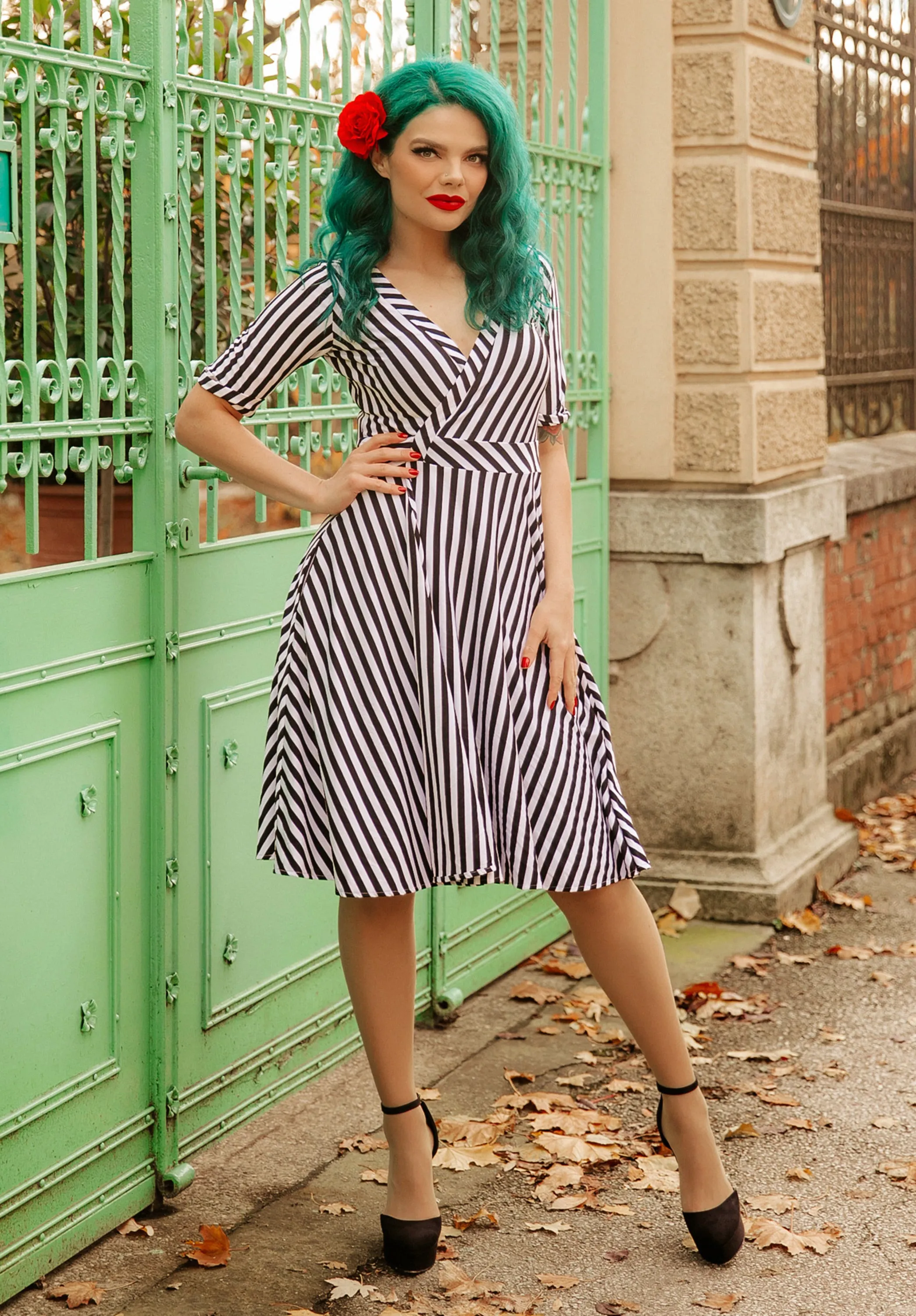 Dolly And Dotty Retro Inspired Black Striped Wrap Dress