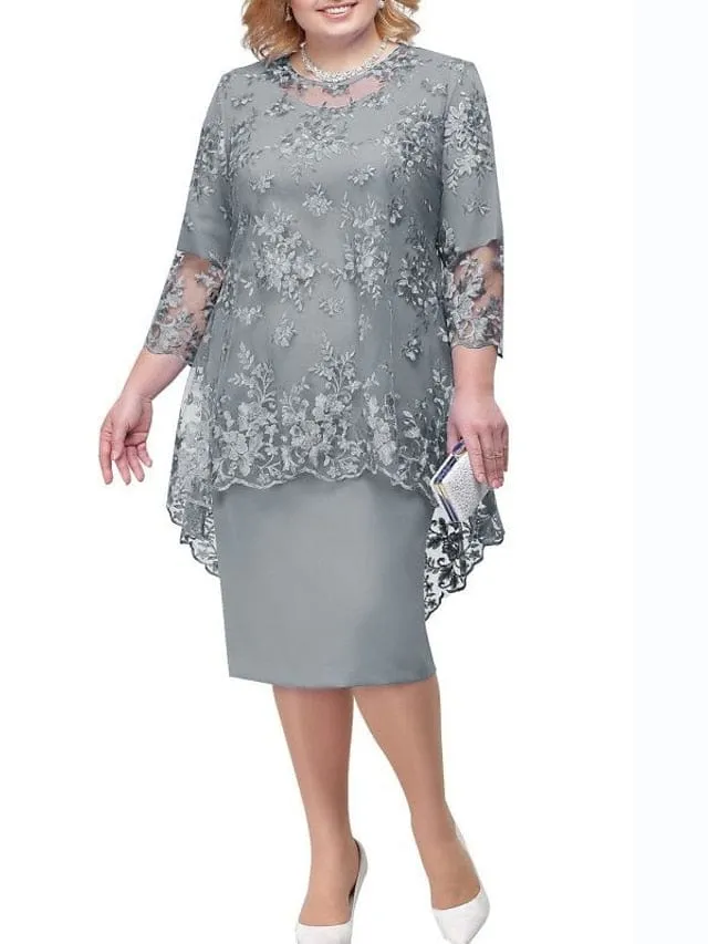 Elegant Navy Blue Plus Size Floral Lace Midi Dress for Women