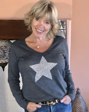 Fine Knit Star Jumper - Charcoal Grey