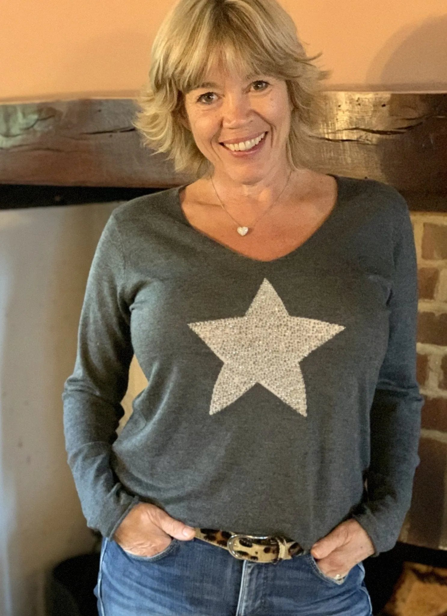 Fine Knit Star Jumper - Charcoal Grey