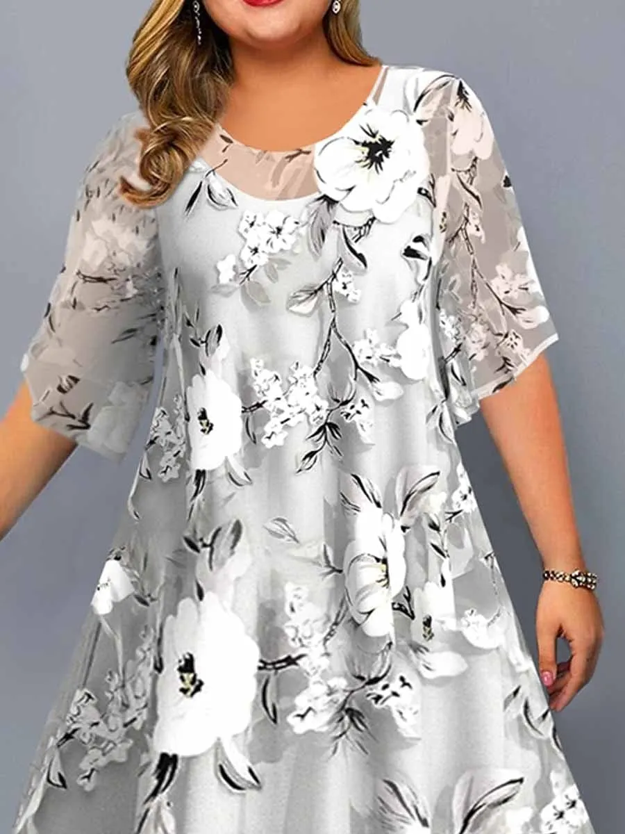 Floral Chiffon Midi Dress Set for Plus Size Women with Half Sleeves and Crew Neck