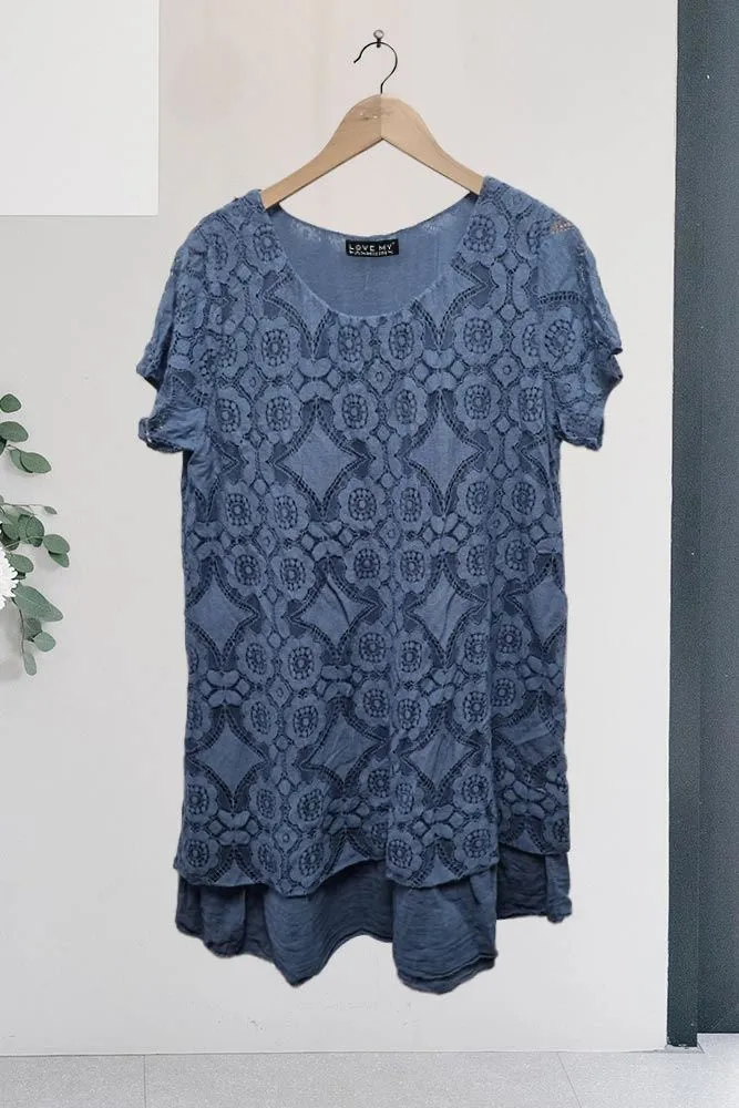 Geometric Pattern Mesh Lace Dip Hem Top