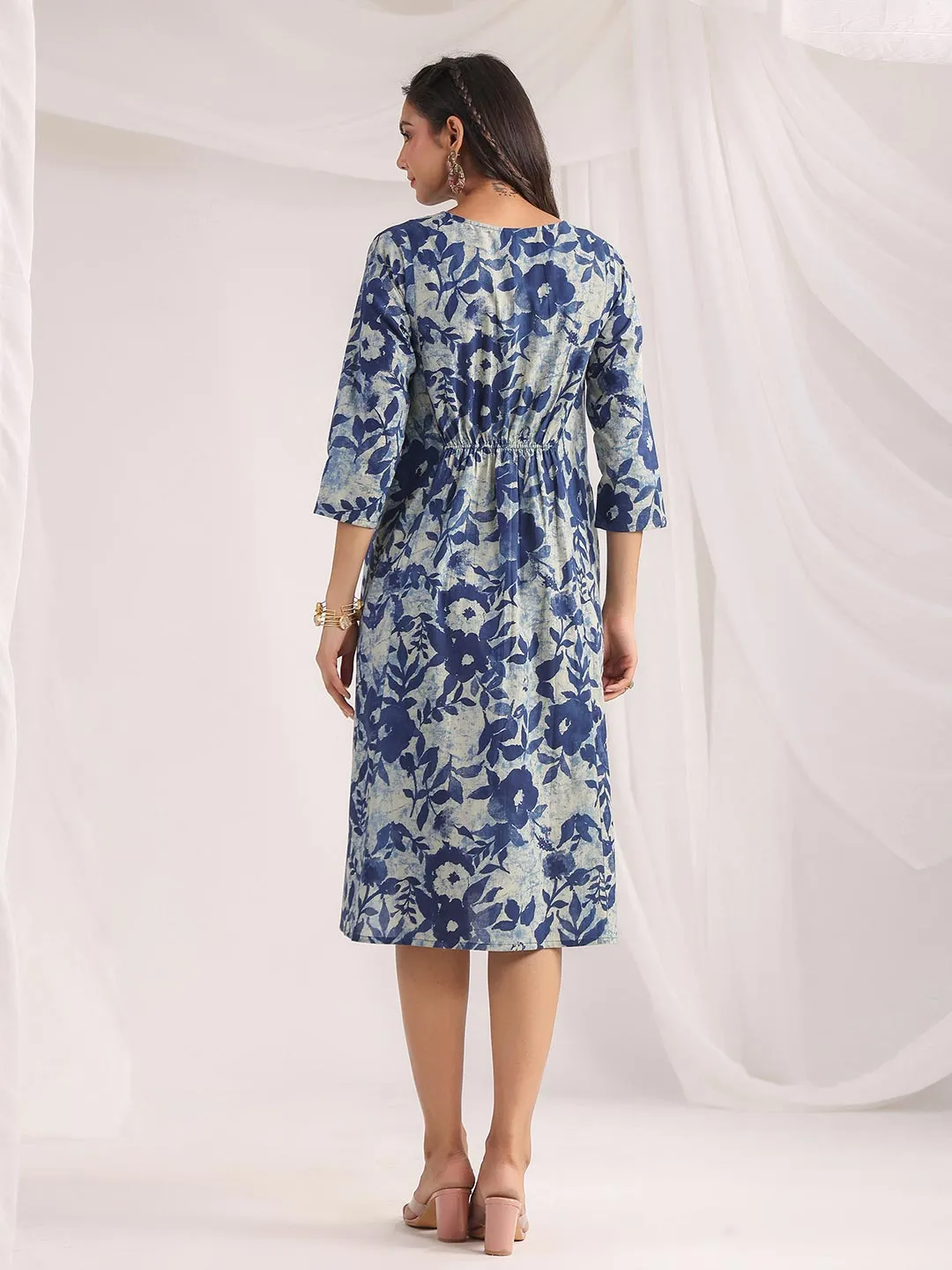 Indigo Cotton Floral Panelled Dress