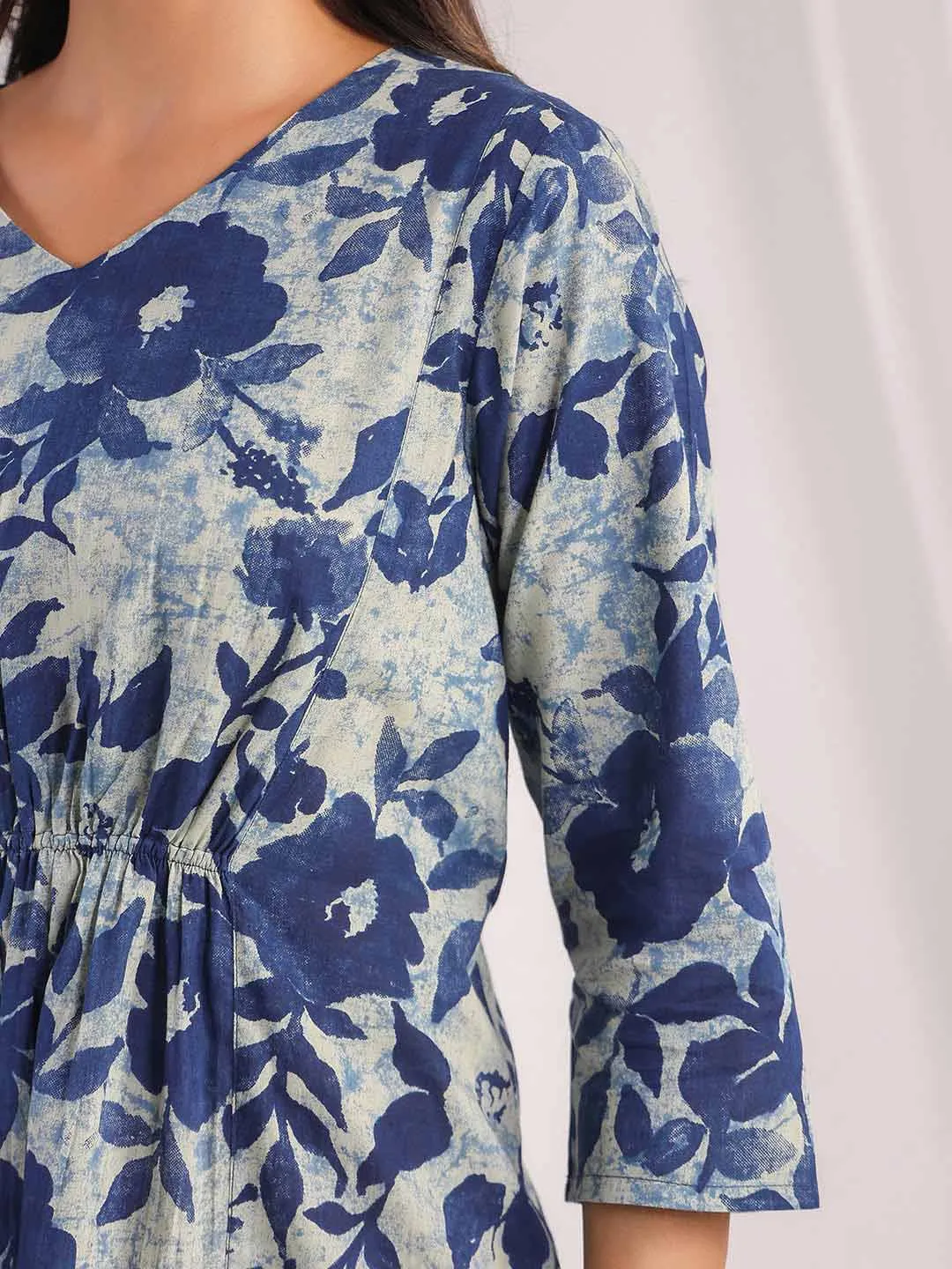 Indigo Cotton Floral Panelled Dress