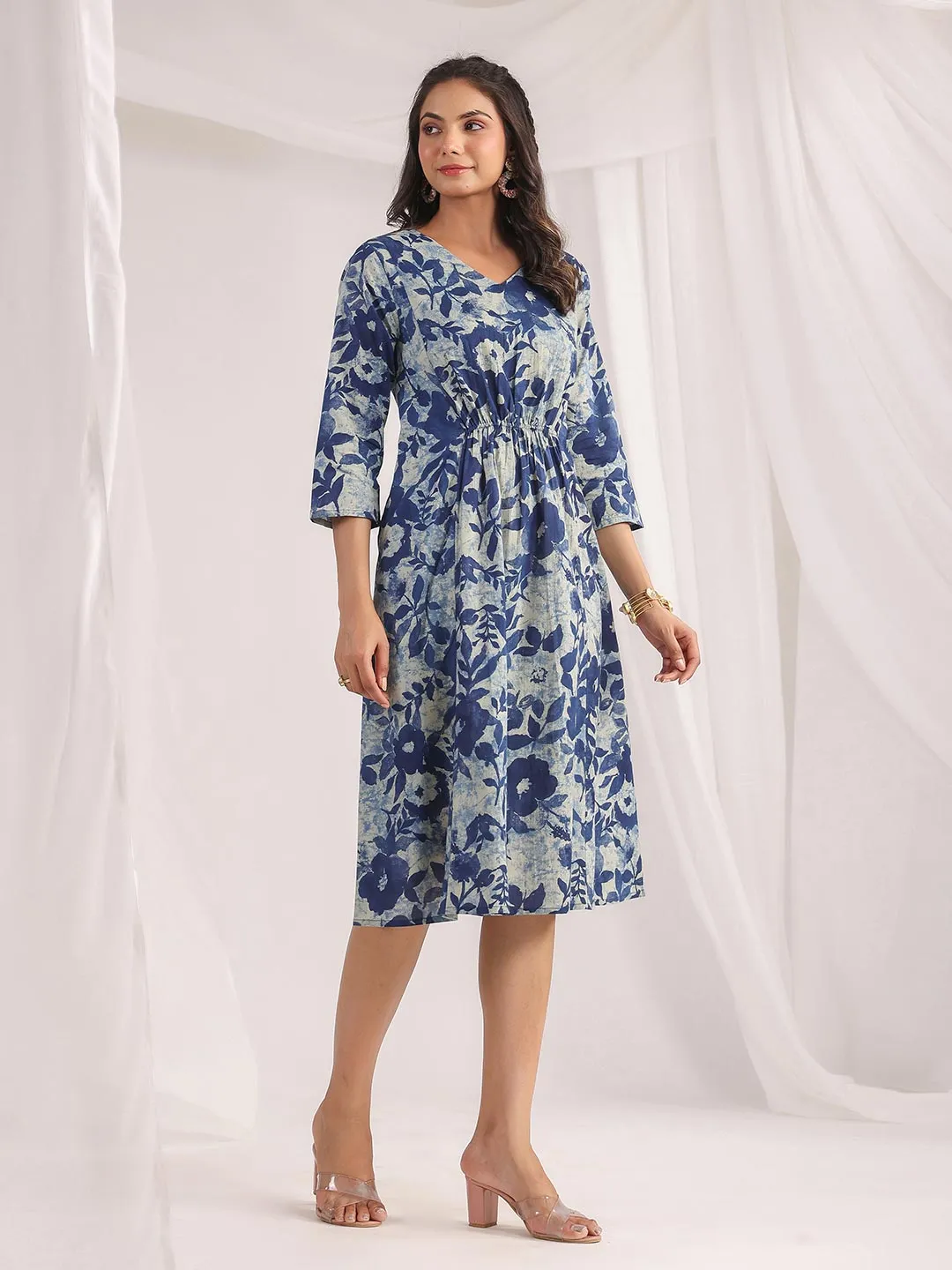 Indigo Cotton Floral Panelled Dress