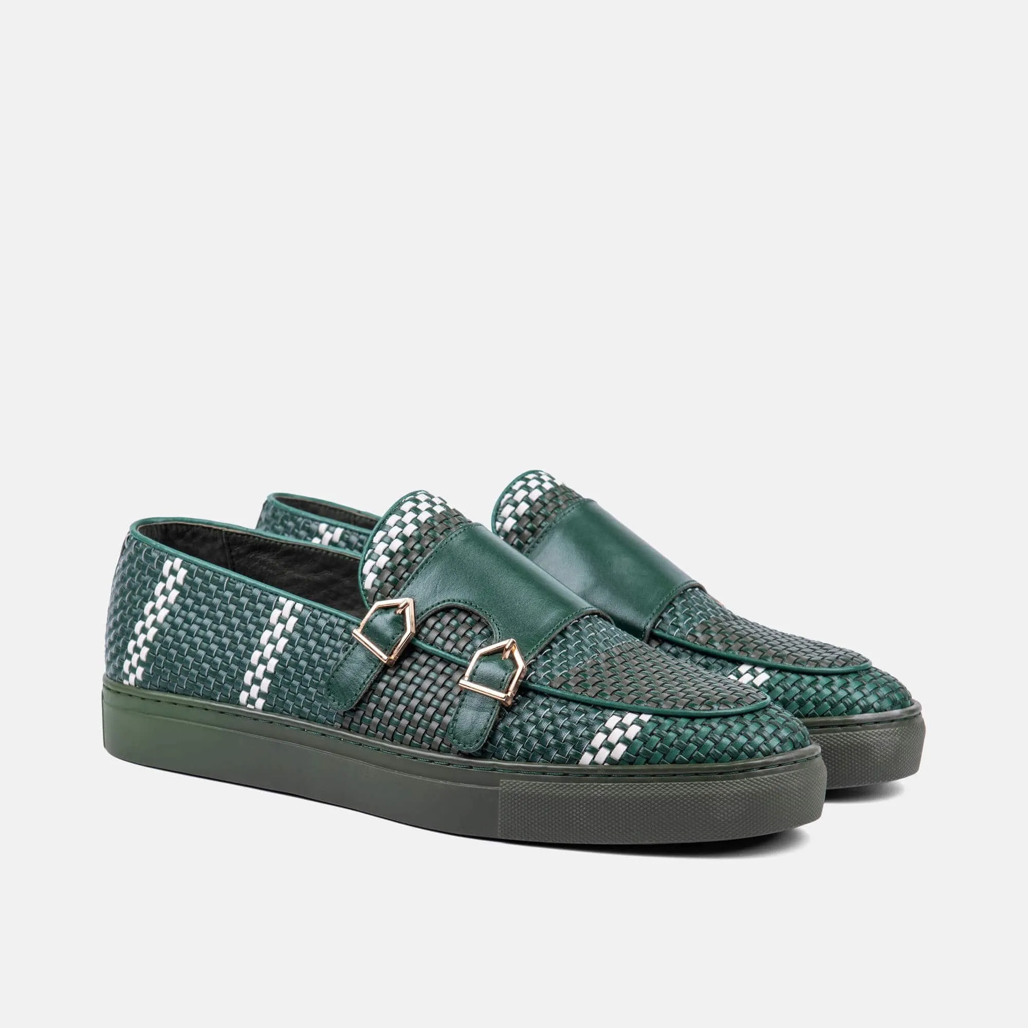 Kyler Seaweed Woven Leather Monk Strap Sneakers