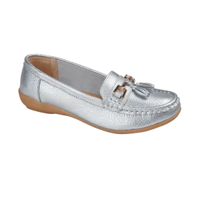 Ladies Leather Slip on Silver Shoes Nautical Flat Jo & Joe