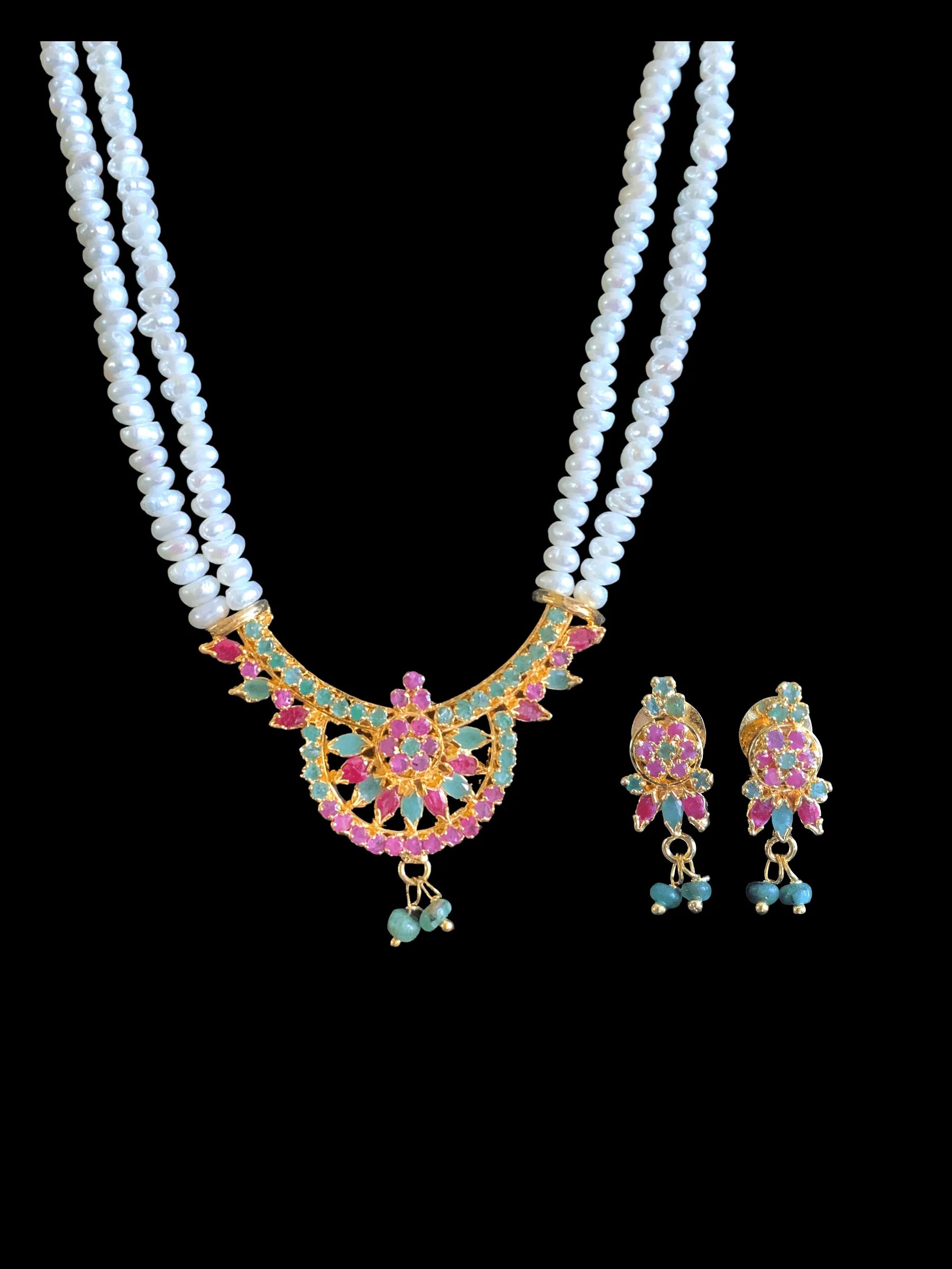 LN128 Ruby emerald long  necklace  set in fresh water pearls ( READY TO SHIP )