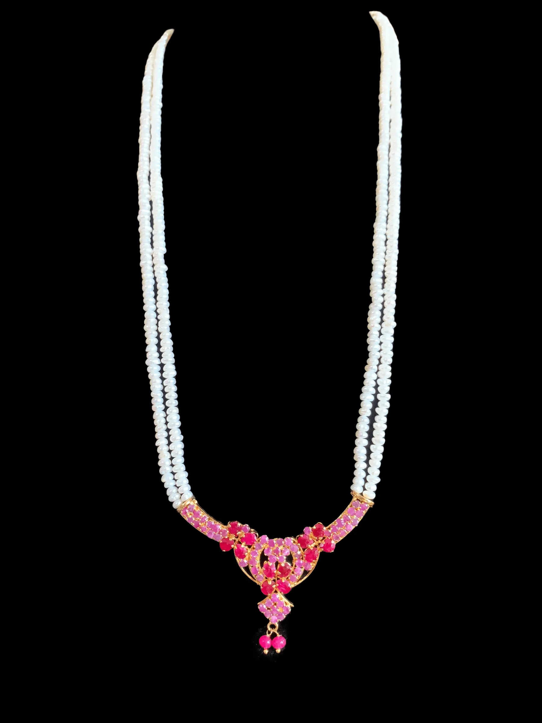 LN134  Ruby long  necklace  set in fresh water pearls ( READY TO SHIP )