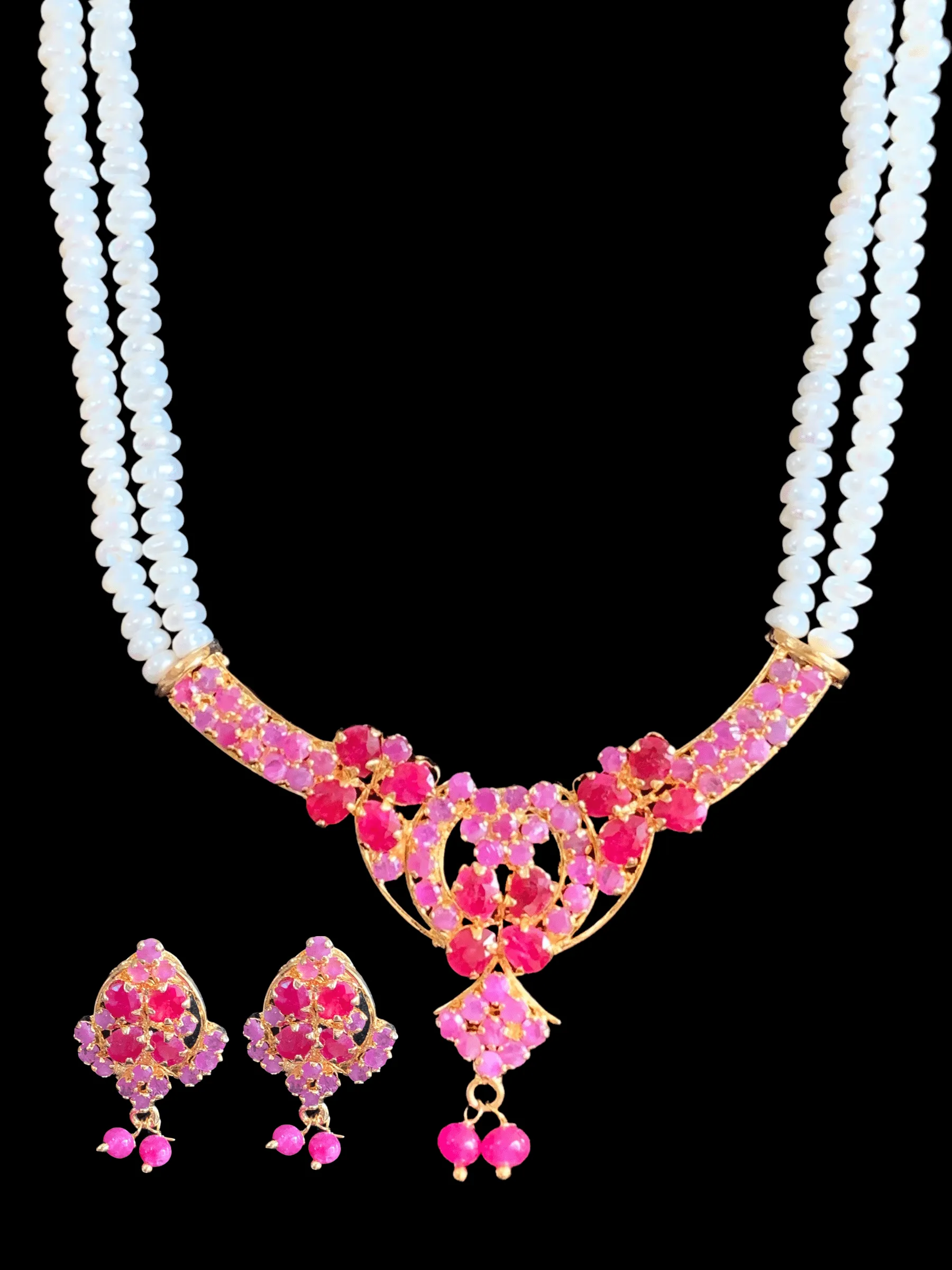 LN134  Ruby long  necklace  set in fresh water pearls ( READY TO SHIP )