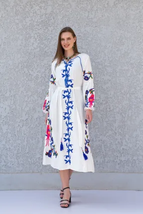 Midi White cotton kaftan dress, embroidered tunic dress, caftans for women, Egyptian cotton. Summer caftan, party, casual, home dress