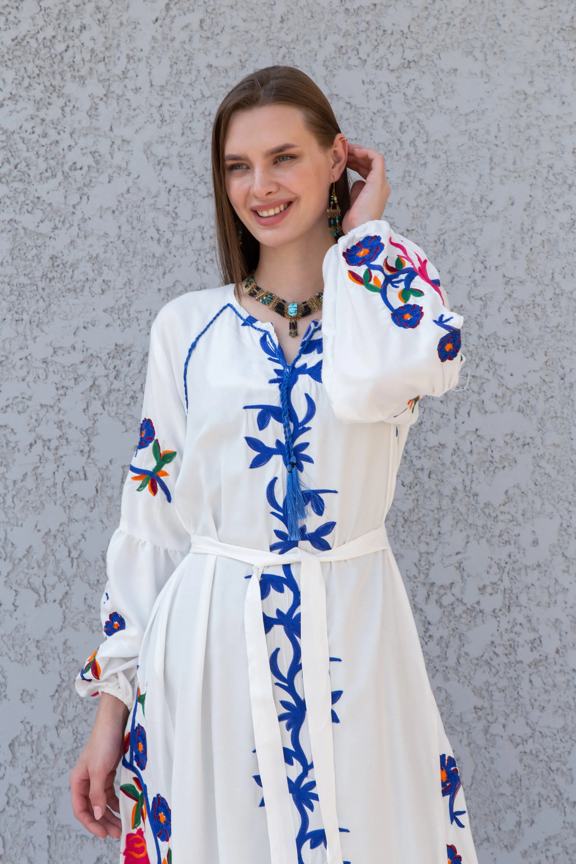 Midi White cotton kaftan dress, embroidered tunic dress, caftans for women, Egyptian cotton. Summer caftan, party, casual, home dress