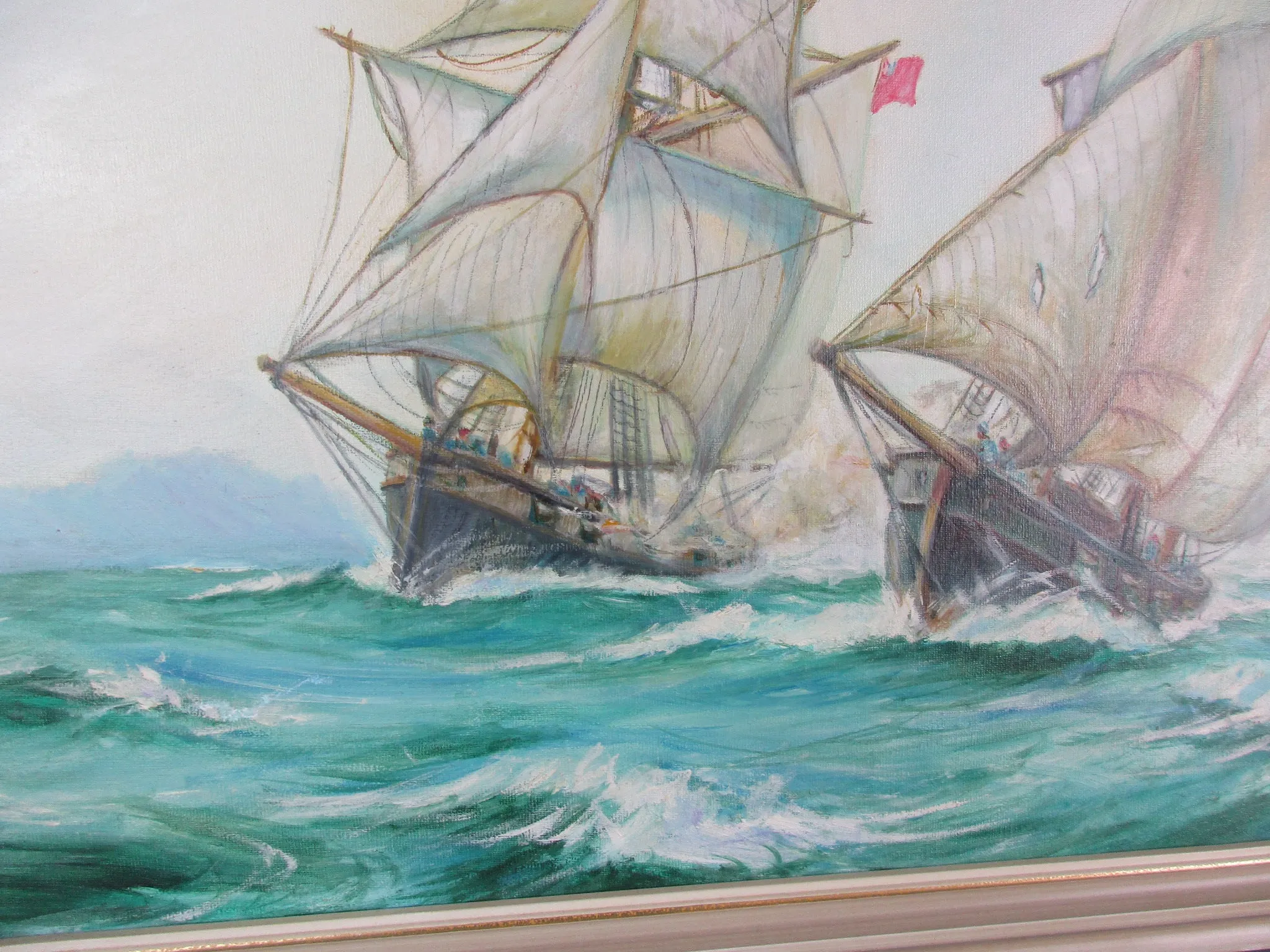 Oil On Board By Jack Sullivan Two Cutter Ships Vintage 1970's