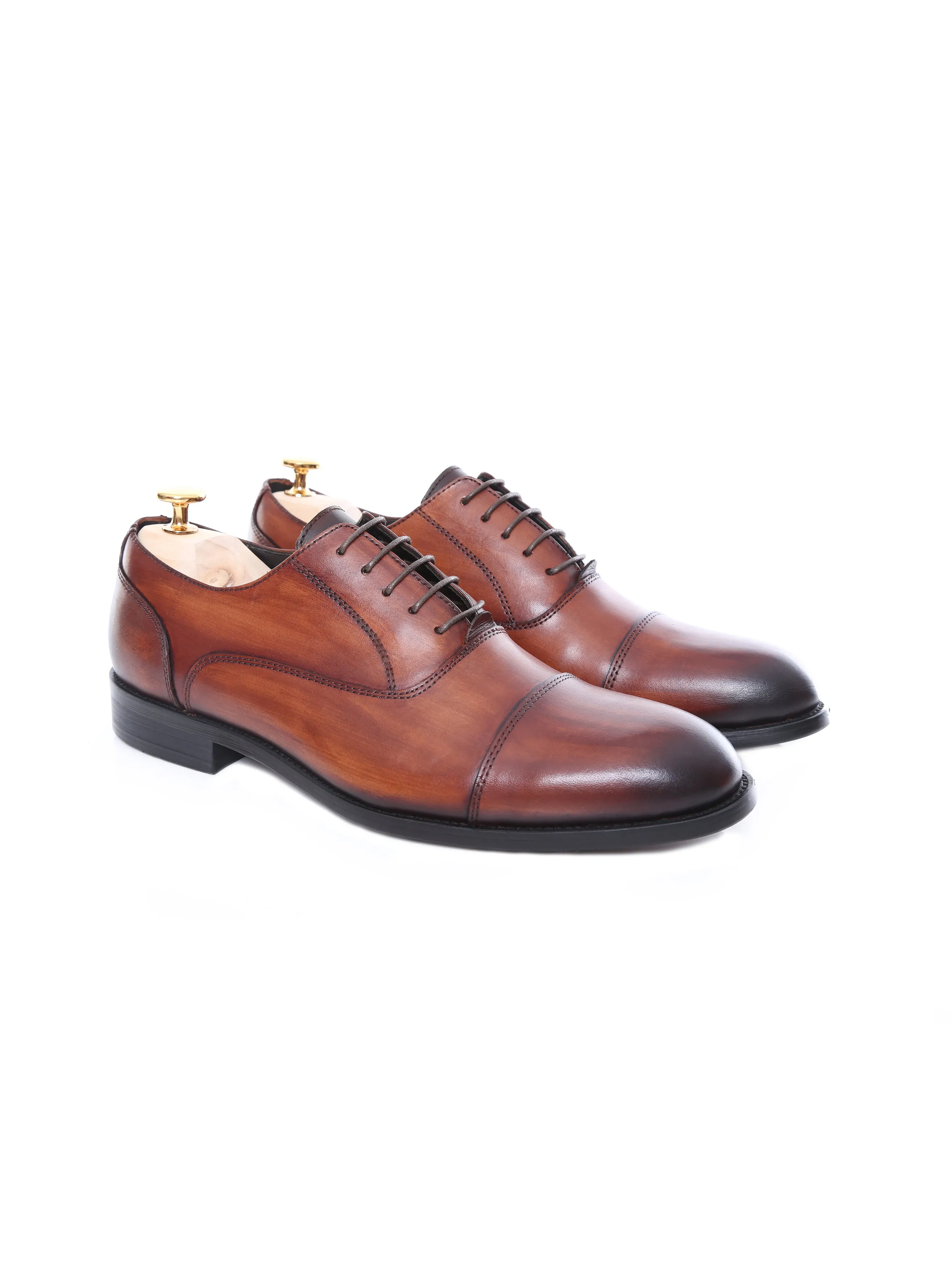 Oxford Cap Toe - Cognac Tan Lace Up (Hand Painted Patina)