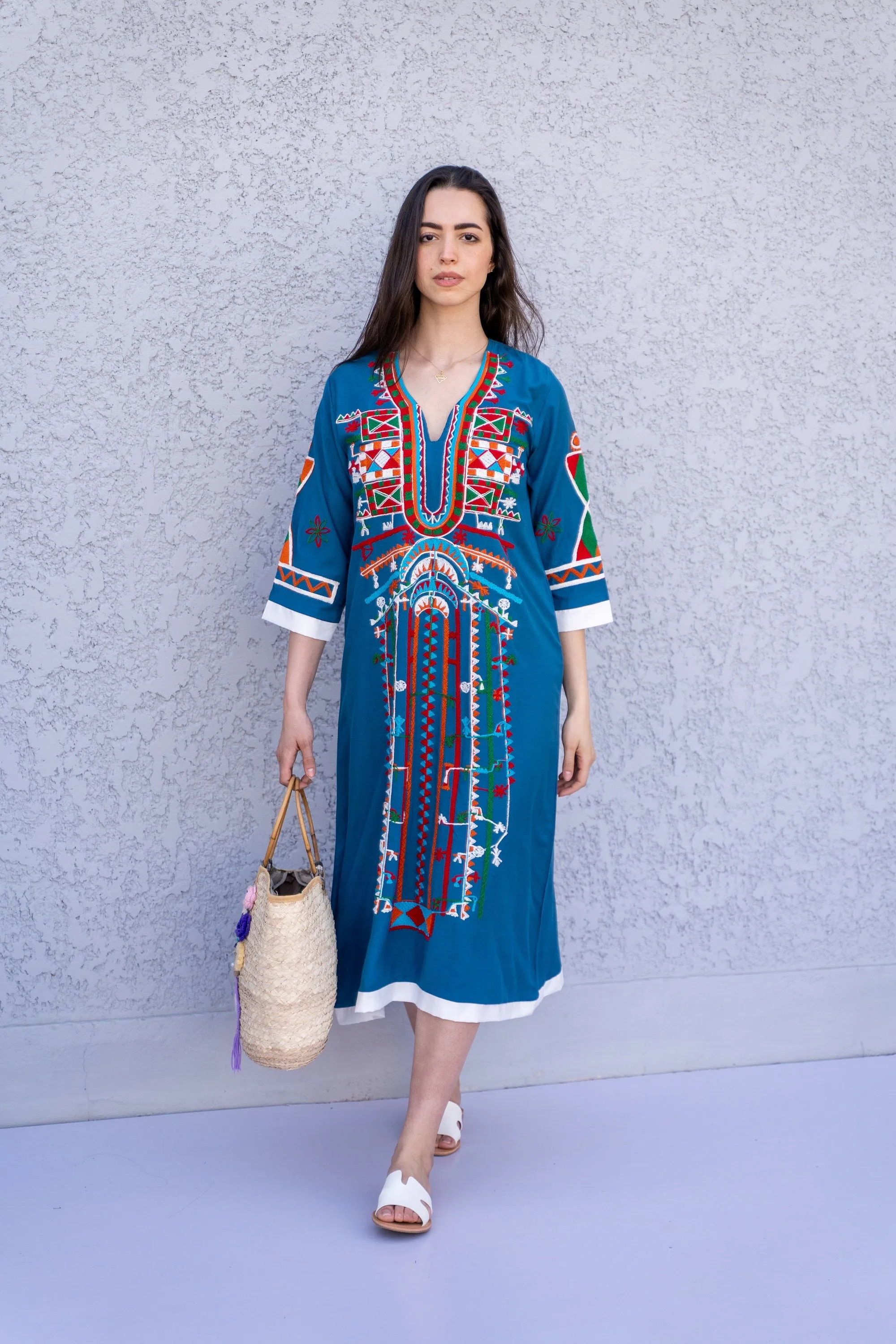 Siwa baby blue Tunic embroidered kaftan, Bohemian embroidery tunic dress, Egyptian cotton, Resort caftan, Summer, party, casual, home dress