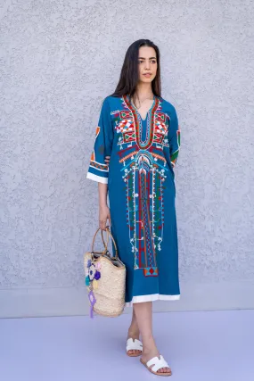 Siwa baby blue Tunic embroidered kaftan, Bohemian embroidery tunic dress, Egyptian cotton, Resort caftan, Summer, party, casual, home dress