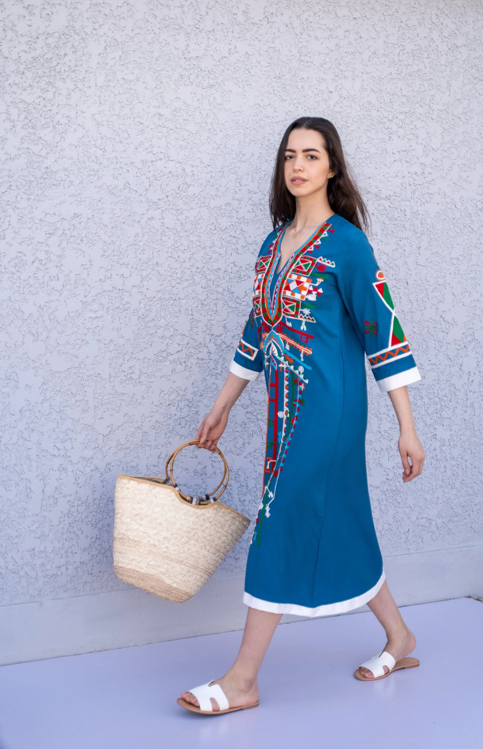 Siwa baby blue Tunic embroidered kaftan, Bohemian embroidery tunic dress, Egyptian cotton, Resort caftan, Summer, party, casual, home dress